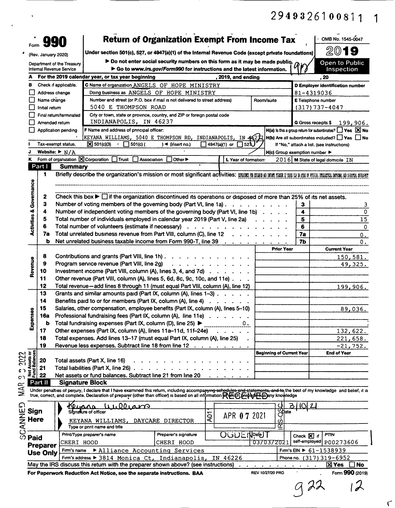 Image of first page of 2019 Form 990 for Angels of Hope Minsitry