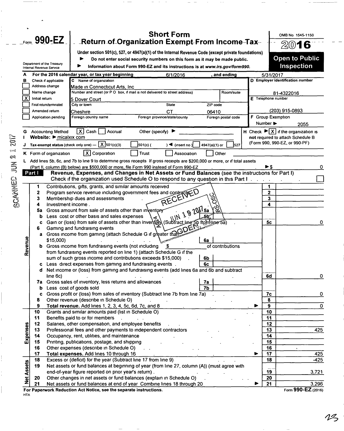 Image of first page of 2016 Form 990EZ for Made in Connecticut Arts