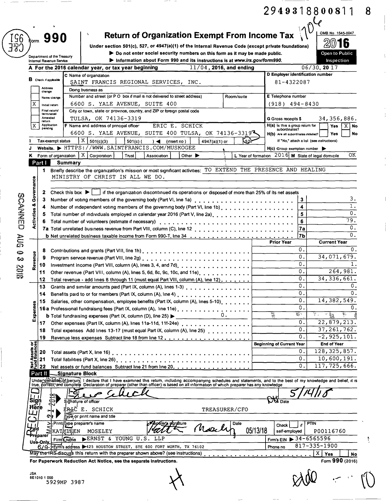 Image of first page of 2016 Form 990 for Saint Francis Health System