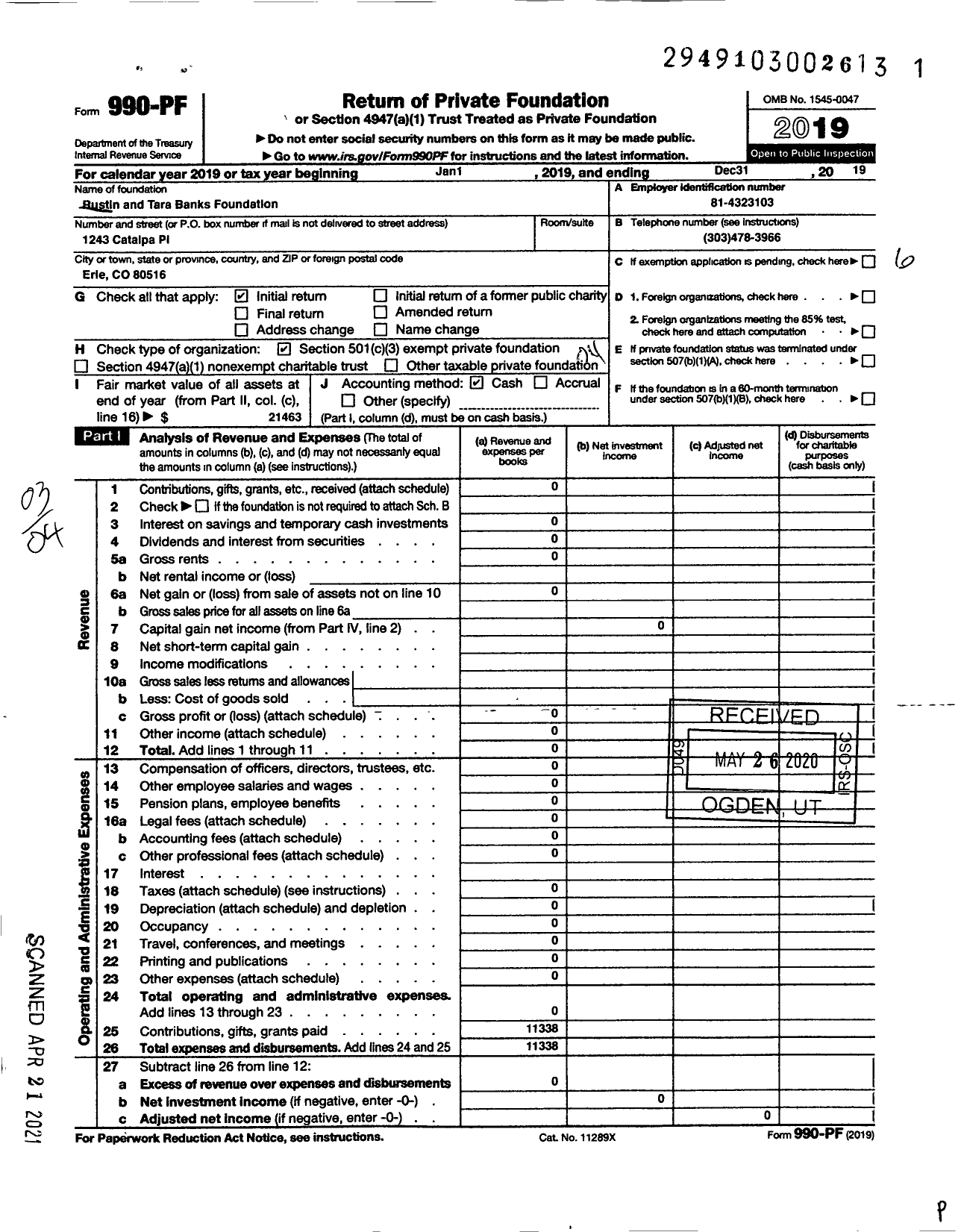 Image of first page of 2019 Form 990PF for Rustin and Tara Banks Foundation