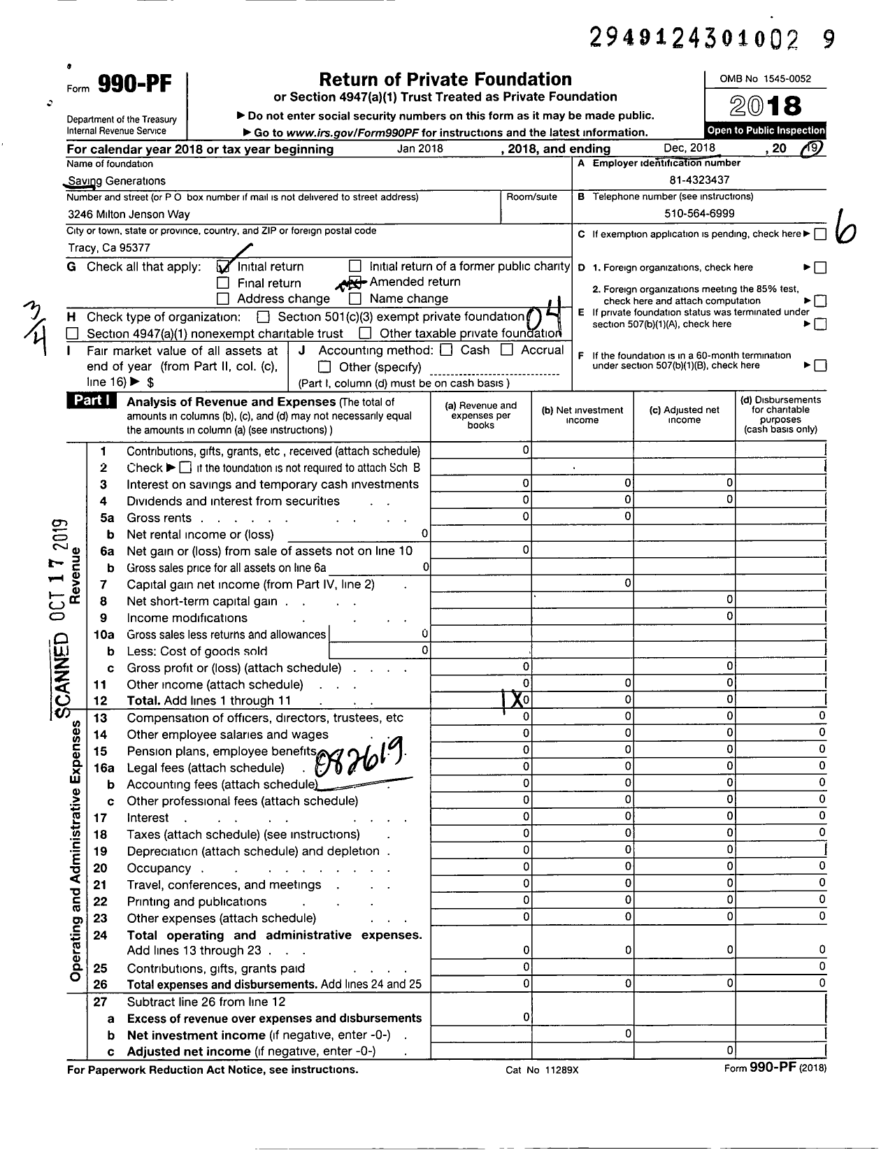 Image of first page of 2019 Form 990PF for Saving Generations
