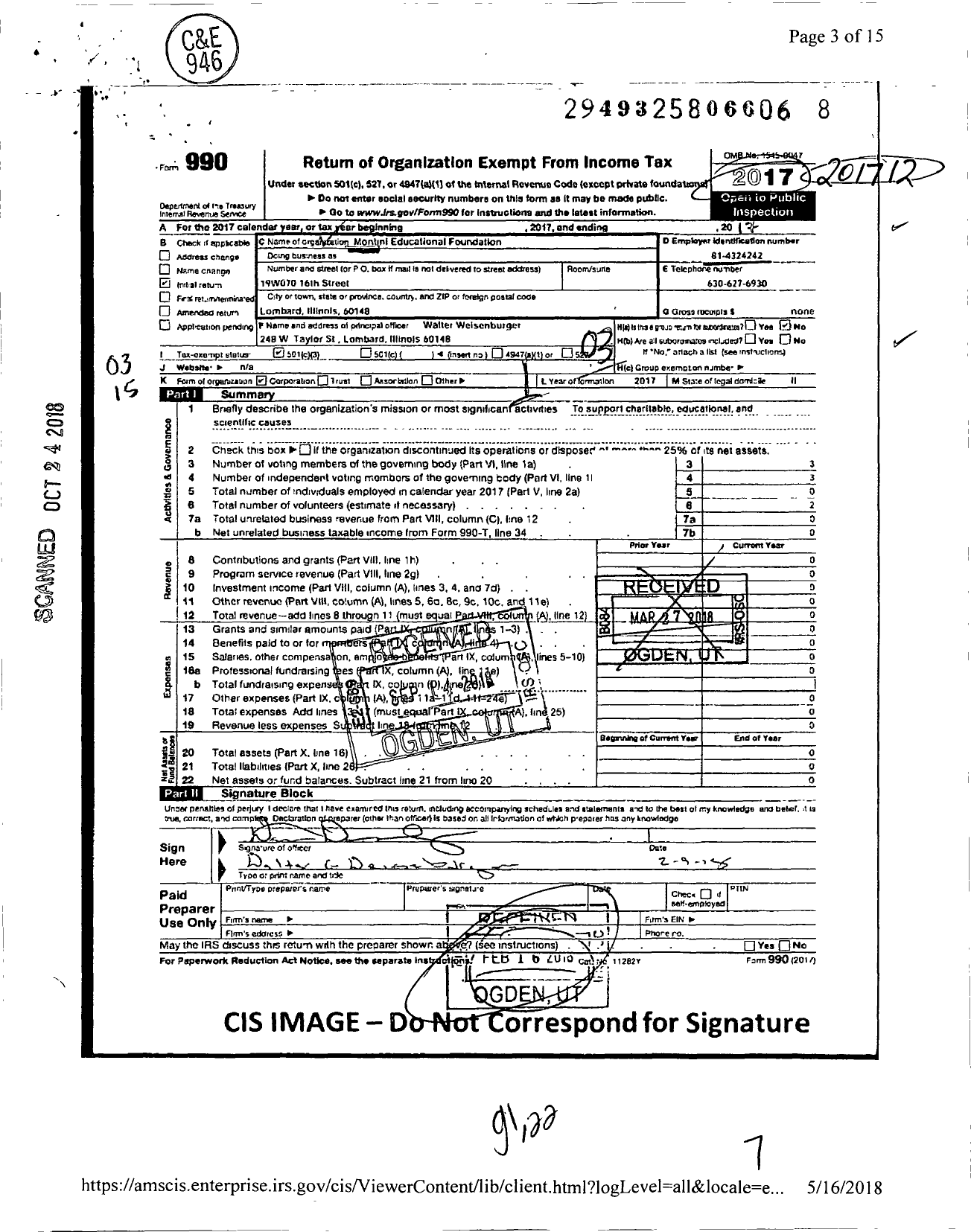 Image of first page of 2017 Form 990 for Montini Educational Foundation