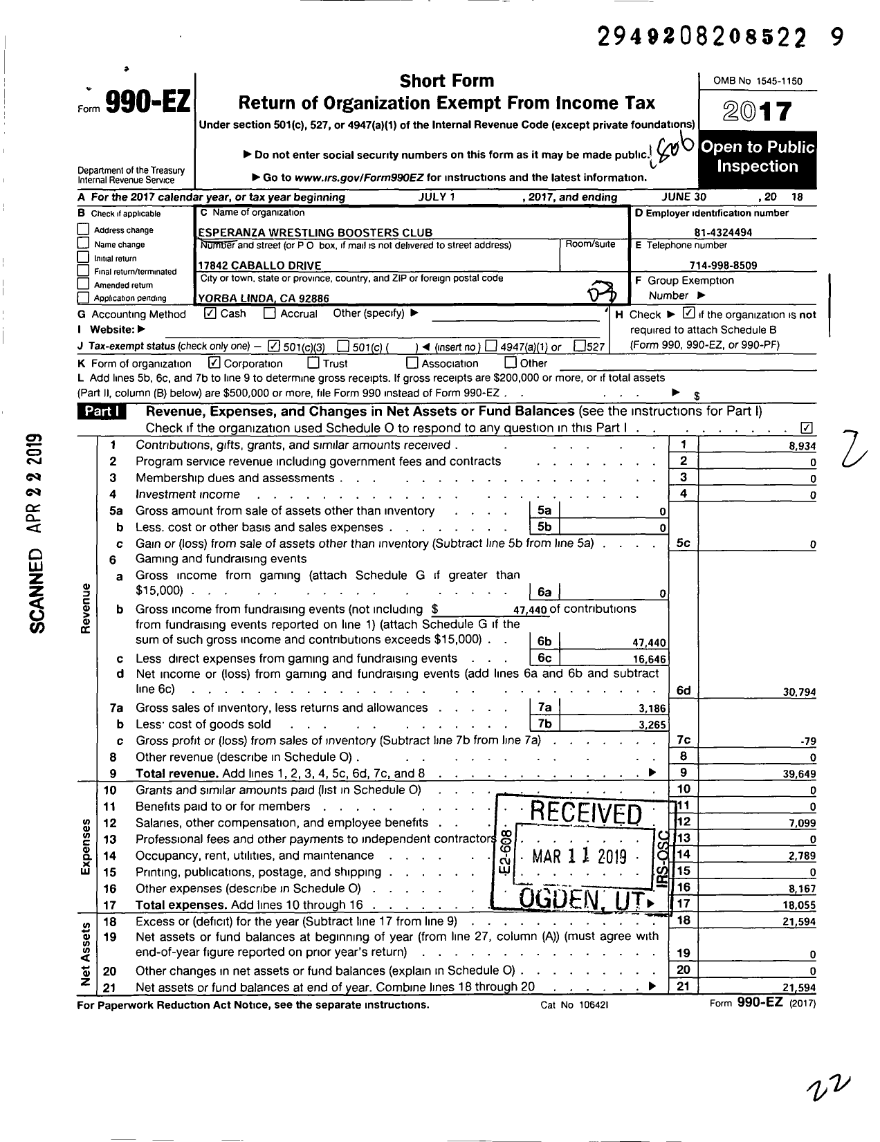 Image of first page of 2017 Form 990EZ for Esperanza Wrestling Boosters Club