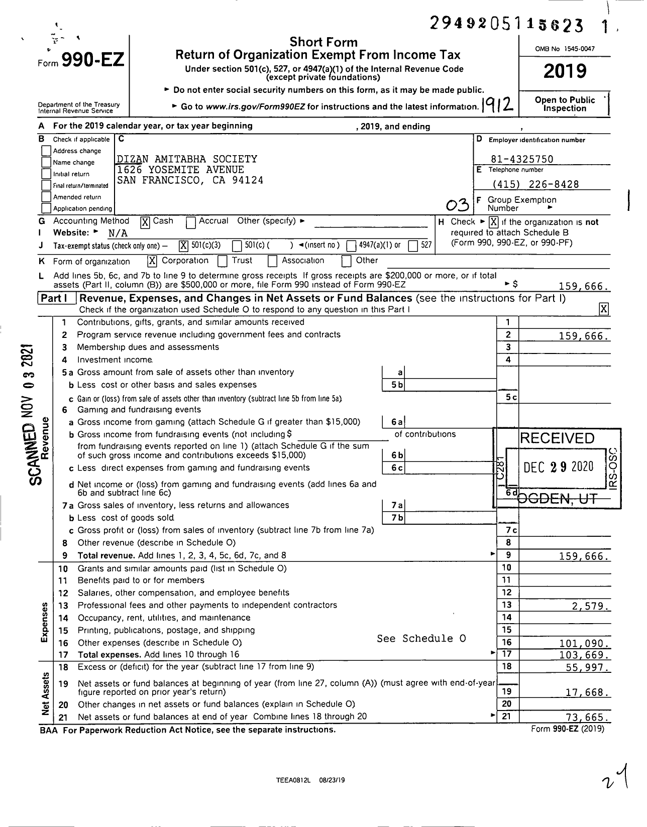 Image of first page of 2019 Form 990EZ for Dizan Amitabha Society