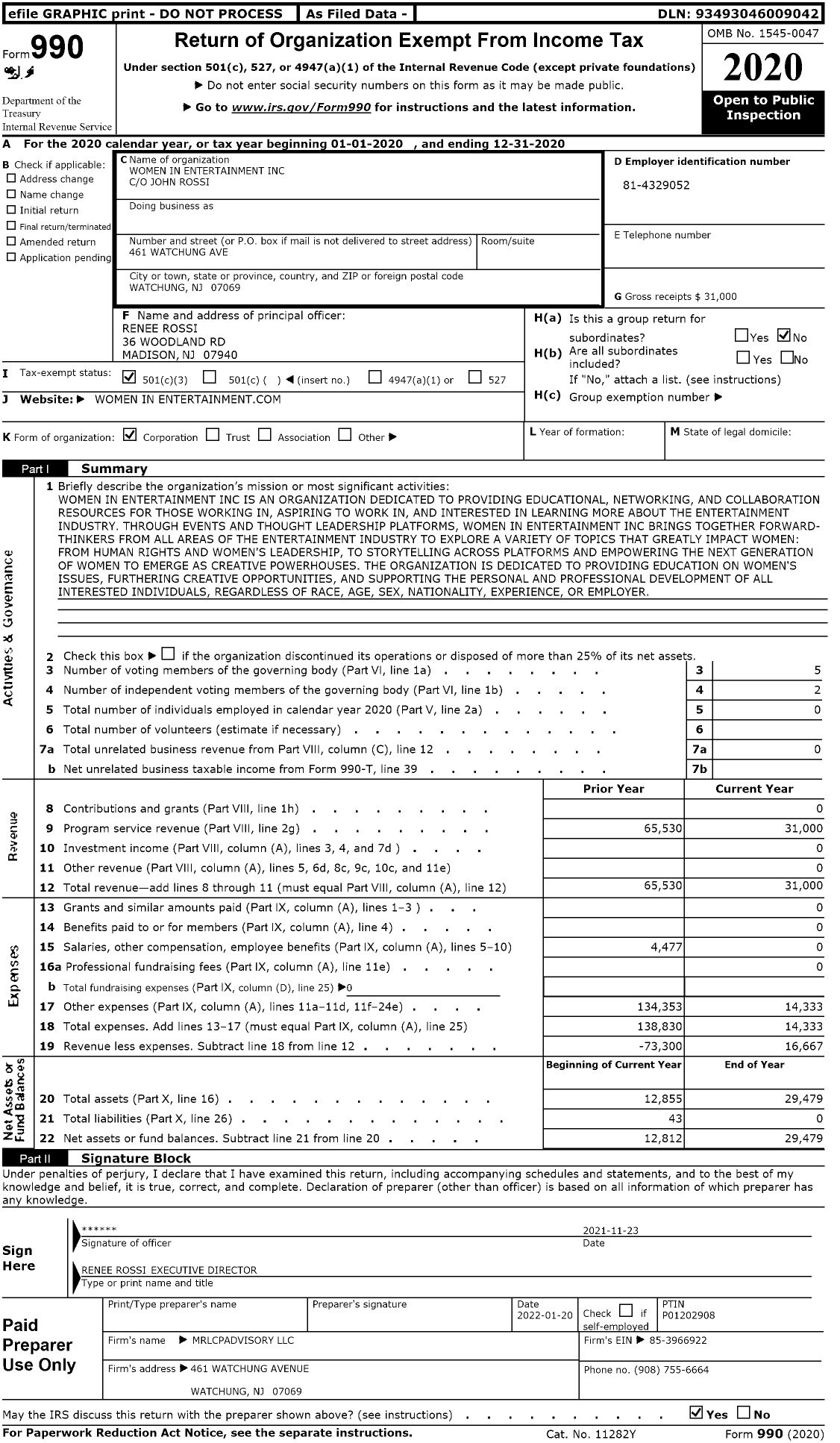 Image of first page of 2020 Form 990 for Women in Entertainment