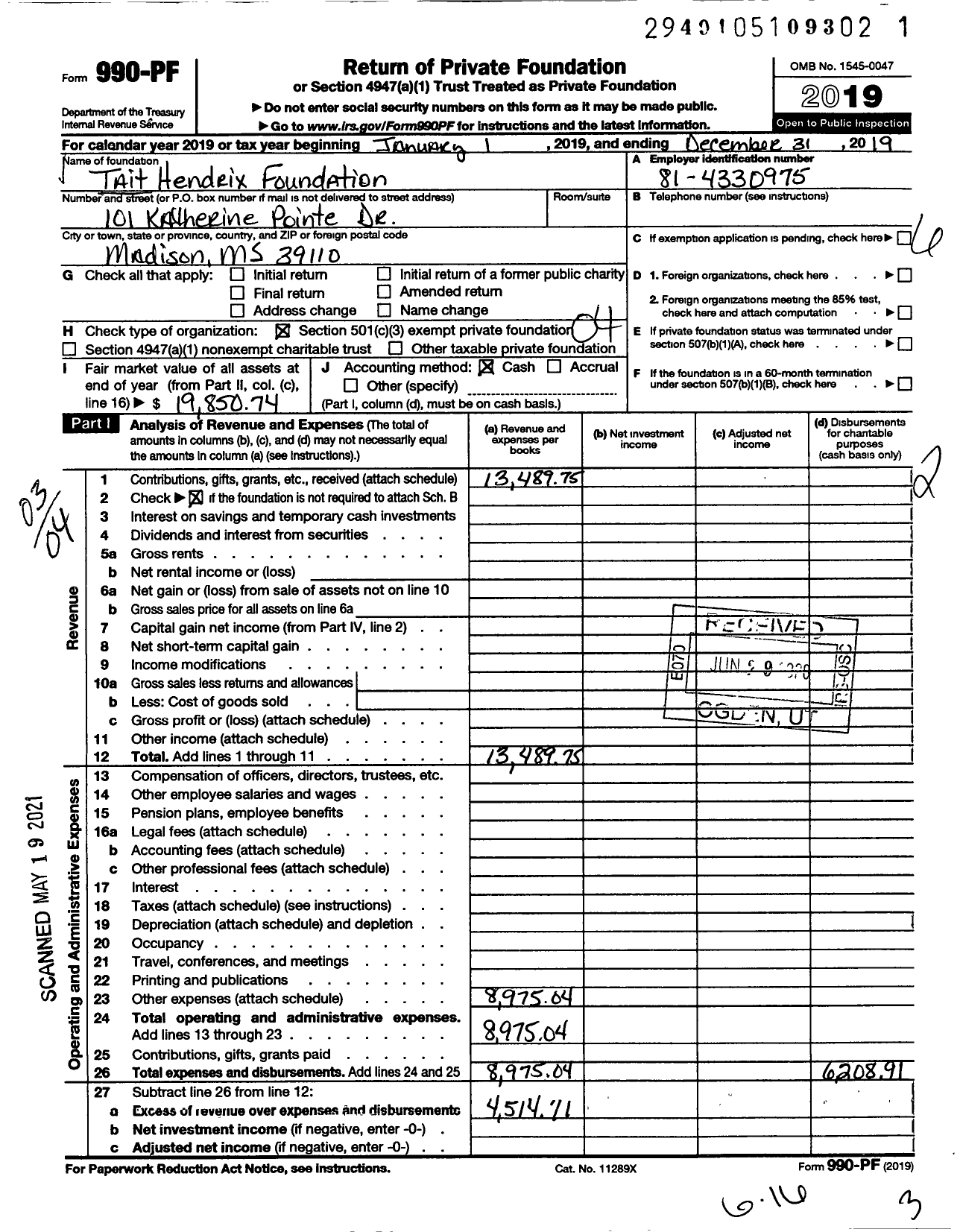 Image of first page of 2019 Form 990PF for Tait Hendrix Foundation