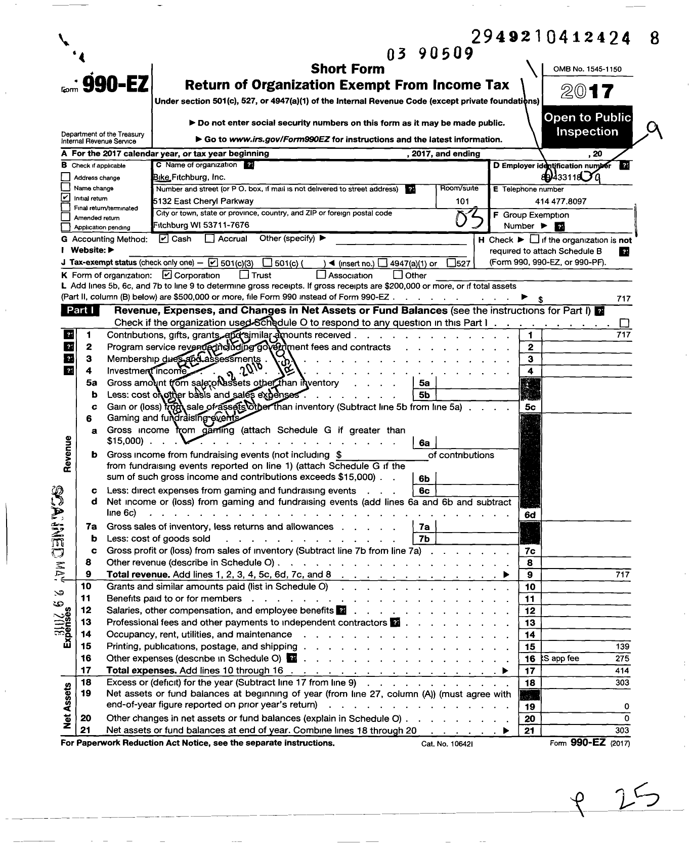 Image of first page of 2017 Form 990EZ for Bike Fitchburg