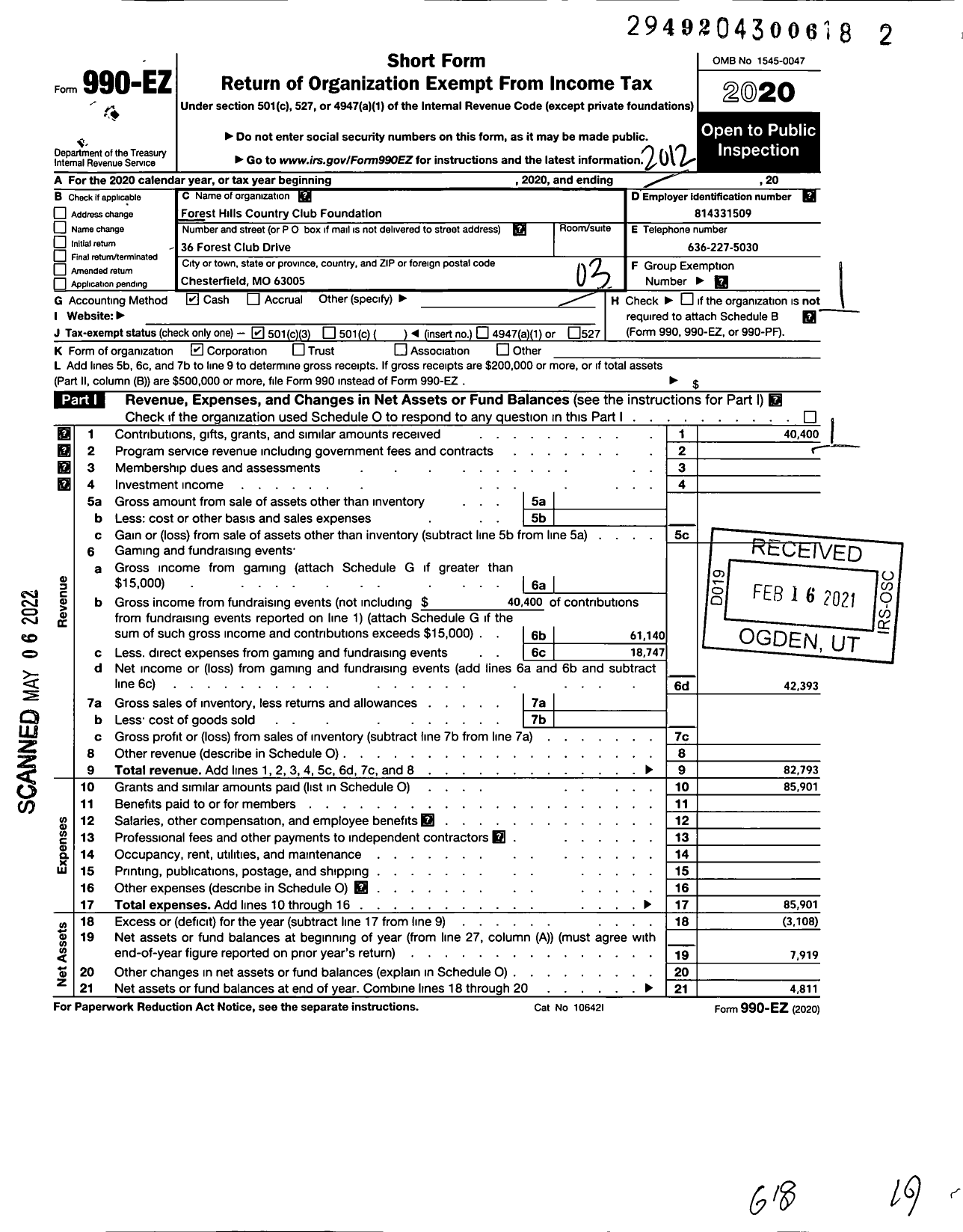 Image of first page of 2020 Form 990EZ for Forest Hills Country Club Charitable Foundation