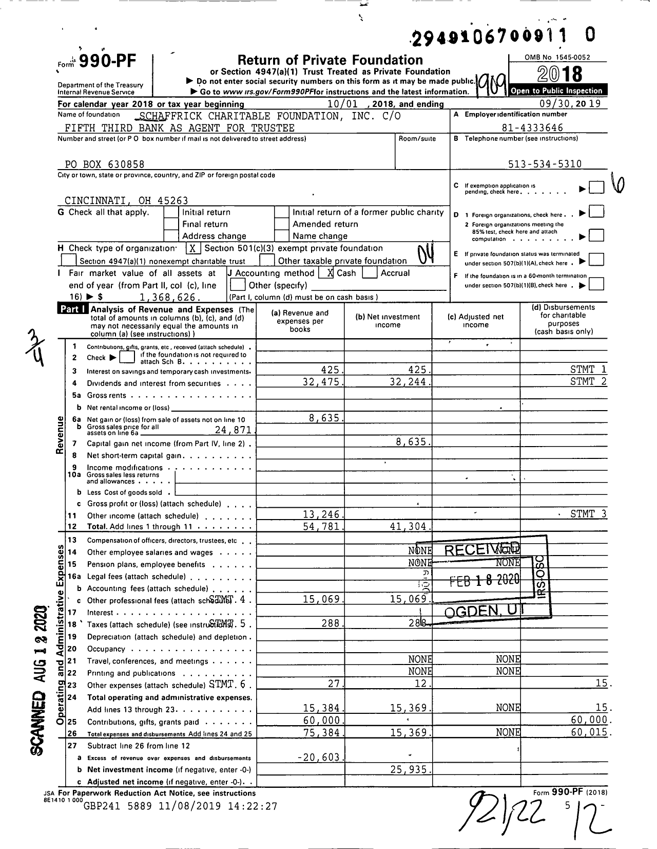 Image of first page of 2018 Form 990PR for Schaffrick Charitable Foundation