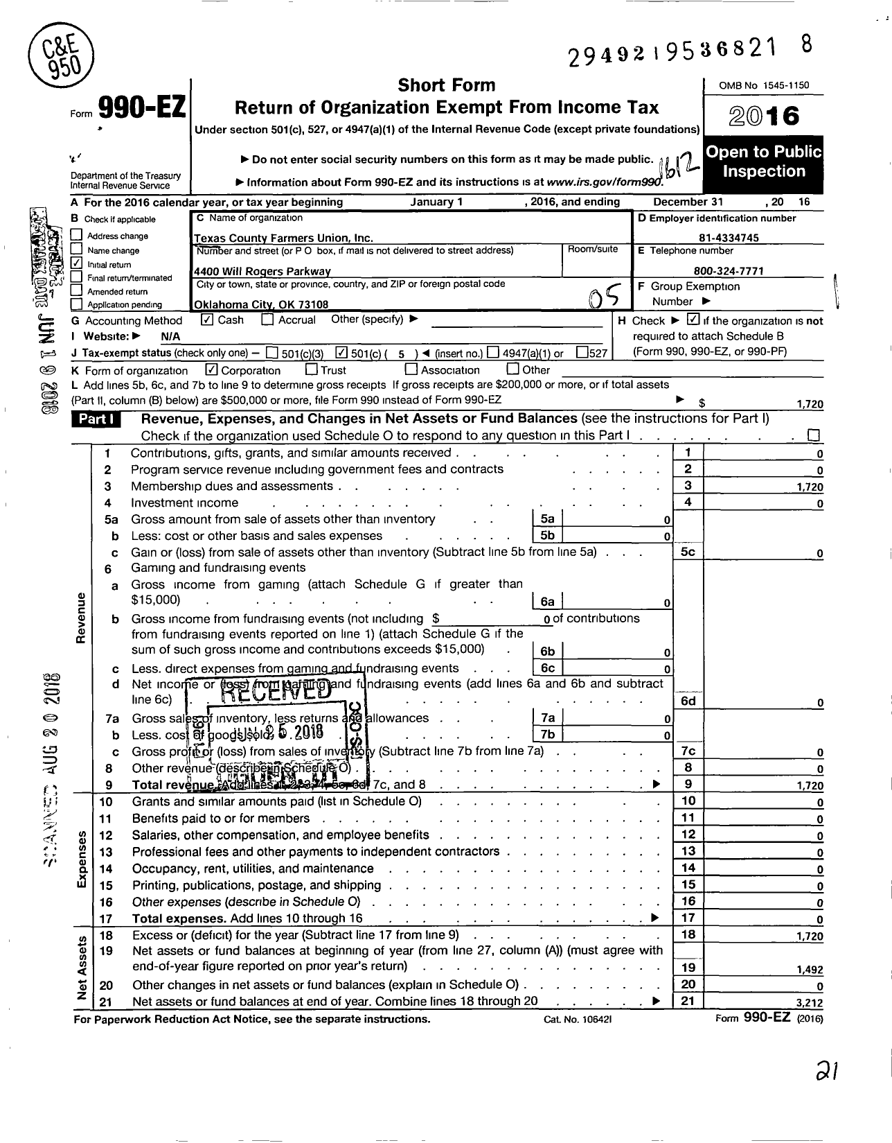 Image of first page of 2016 Form 990EO for Farmers Educational and Cooperative Union of America / Texas County Farmers Union