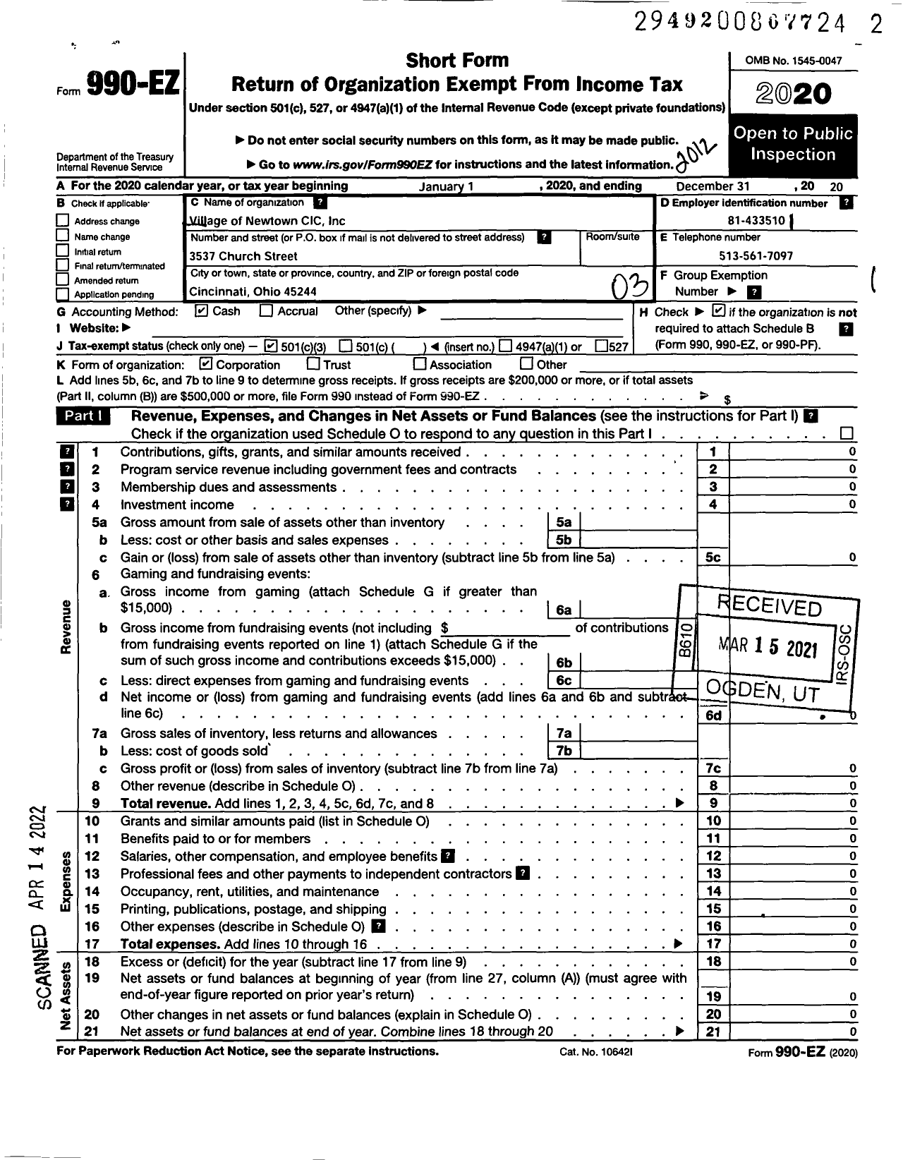 Image of first page of 2020 Form 990EZ for Village of Newtown Cic