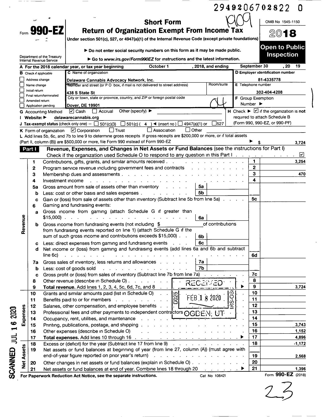 Image of first page of 2018 Form 990EO for Delaware Cannabis Advocacy Network