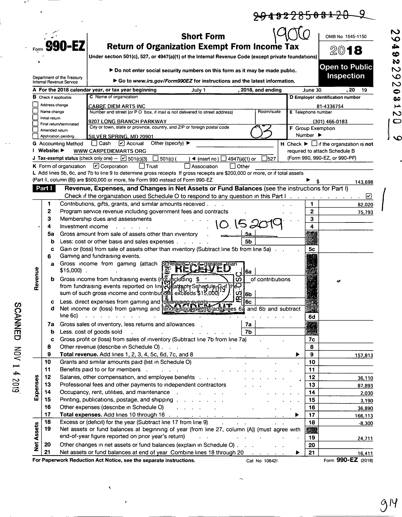 Image of first page of 2018 Form 990EZ for Carpe Diem Arts