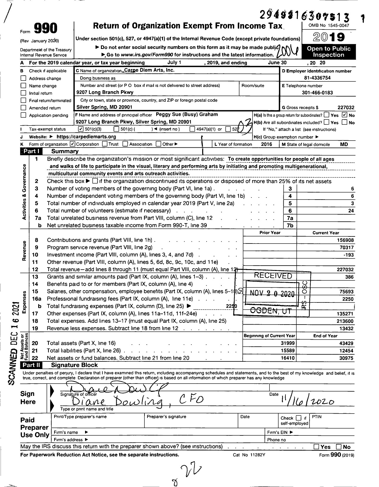 Image of first page of 2019 Form 990 for Carpe Diem Arts