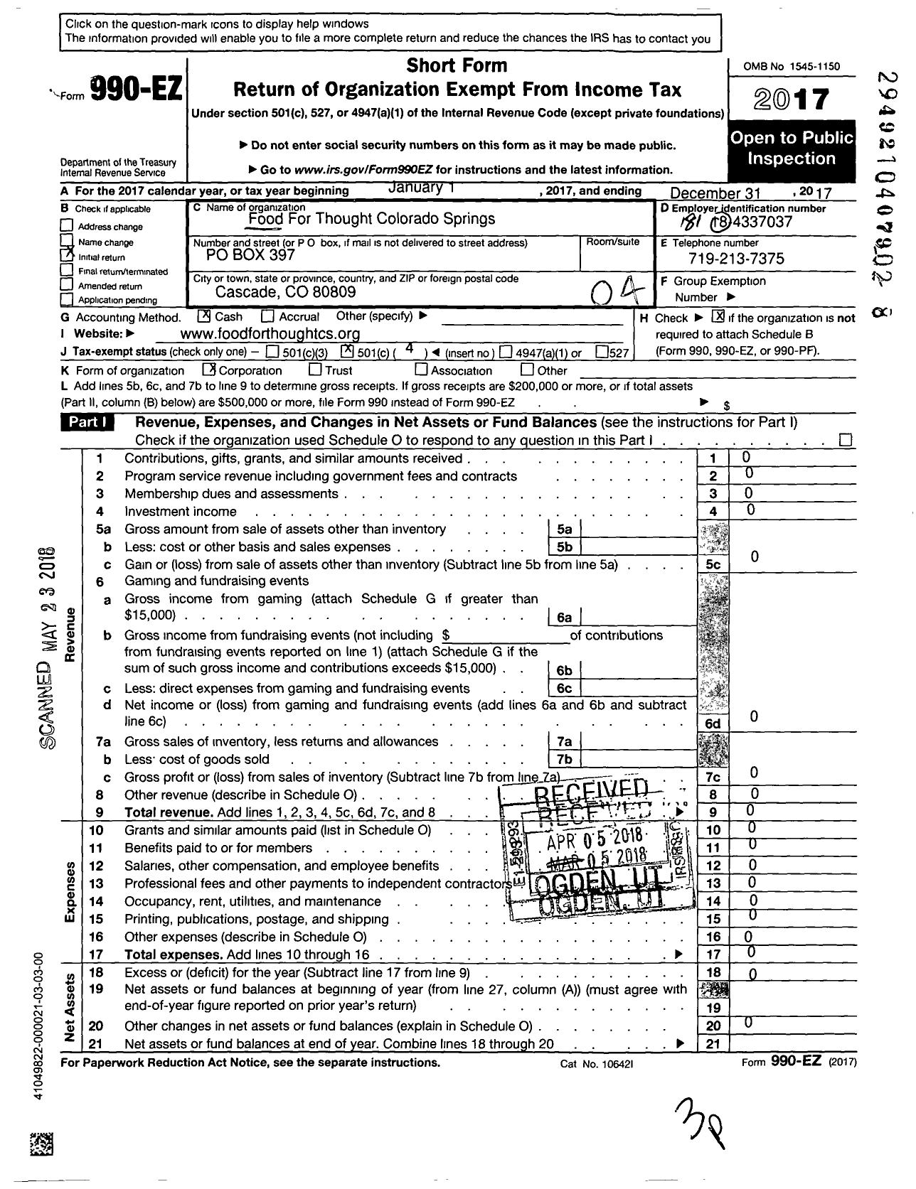 Image of first page of 2017 Form 990EO for Food for Thought Colorado Springs