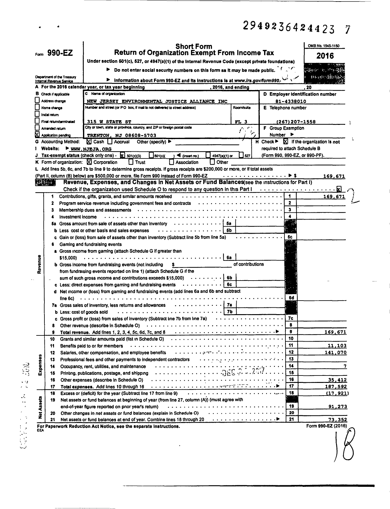 Image of first page of 2016 Form 990EZ for New Jersey Environmental Justice Alliance