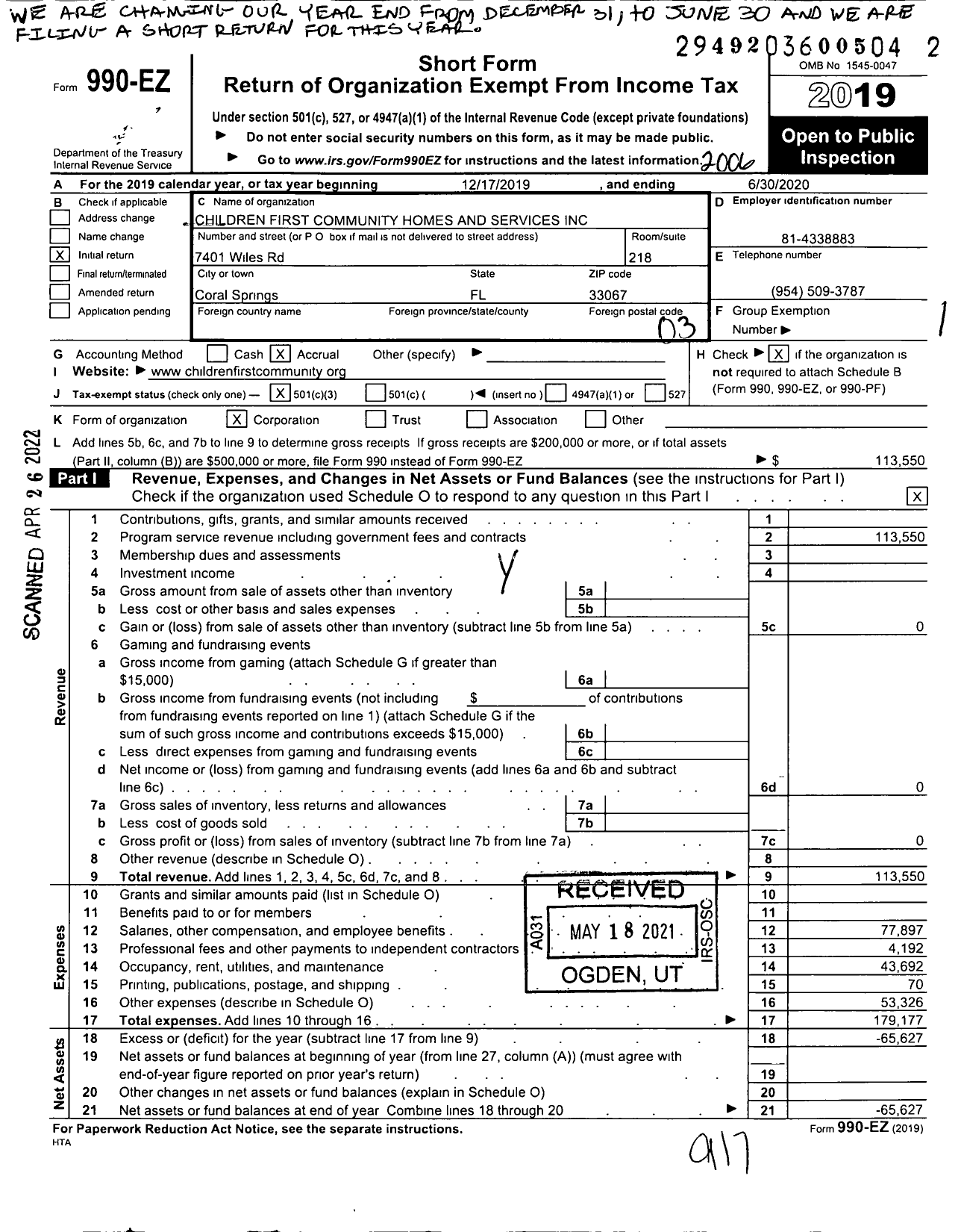 Image of first page of 2019 Form 990EZ for Children First Community Homes and Services