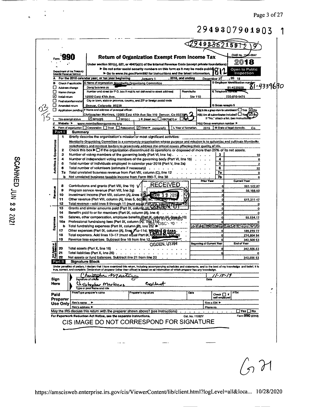 Image of first page of 2018 Form 990 for Montbello Organizing Committee