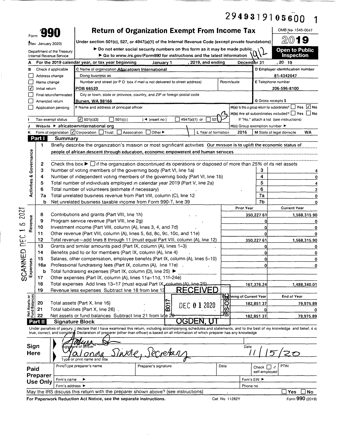 Image of first page of 2019 Form 990 for Africatown International