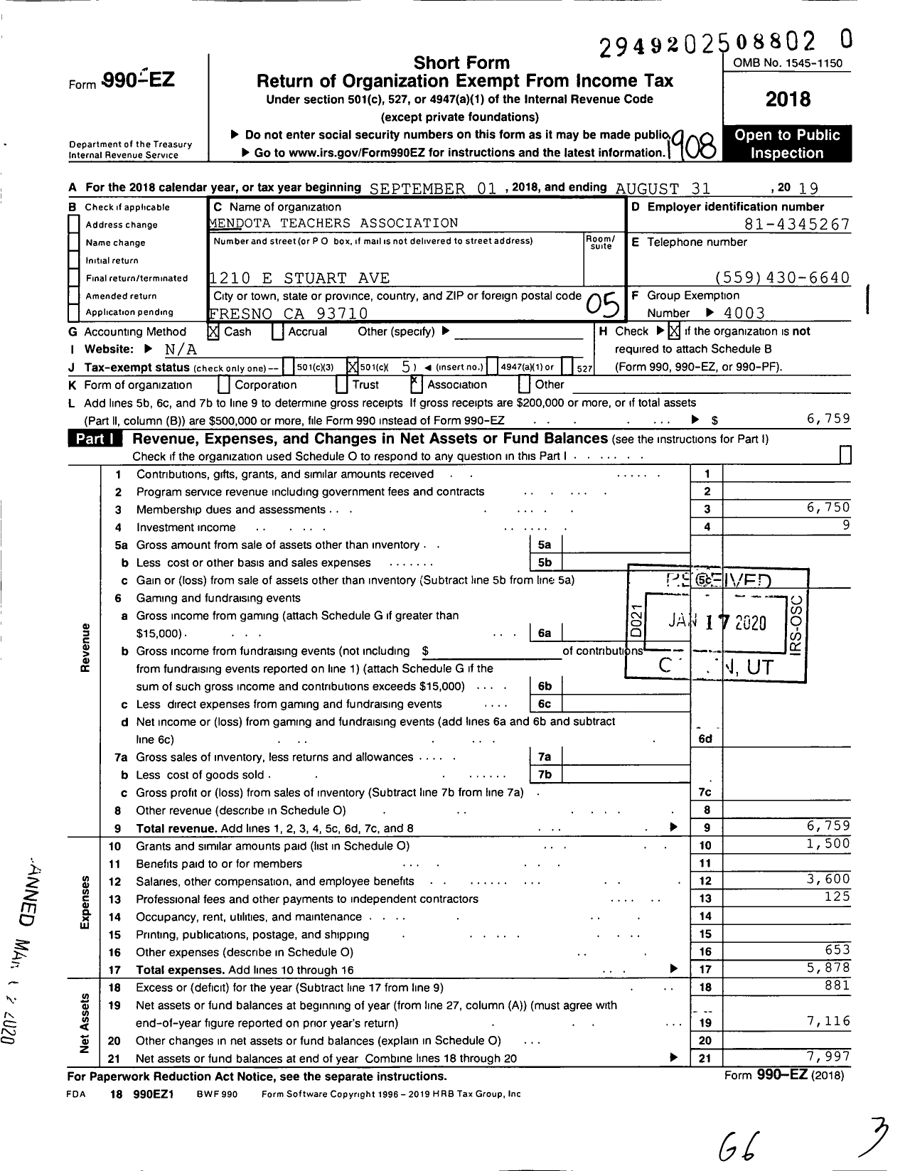 Image of first page of 2018 Form 990EO for California Teachers Association - Mendota Teachers Association