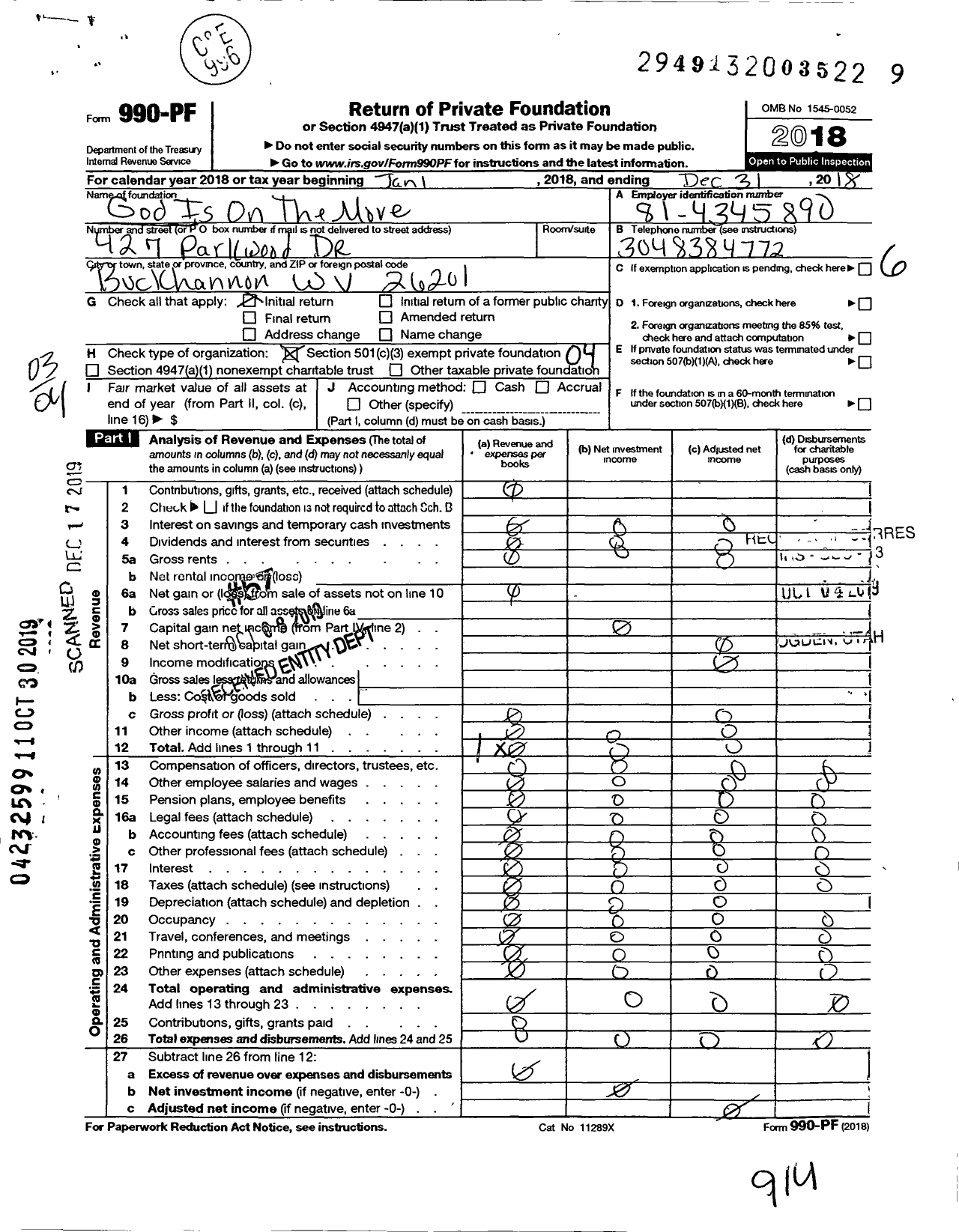 Image of first page of 2018 Form 990PF for God Is on the Move