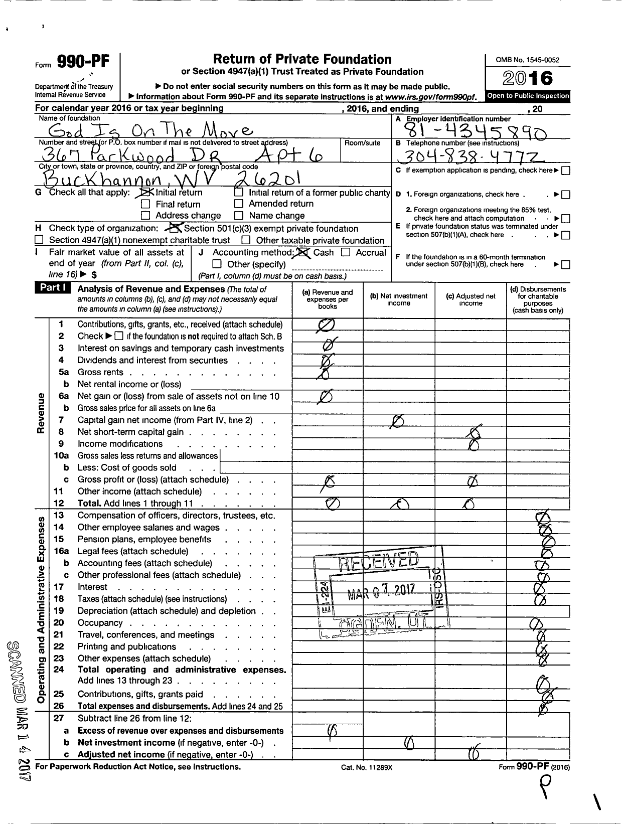 Image of first page of 2016 Form 990PF for God Is on the Move