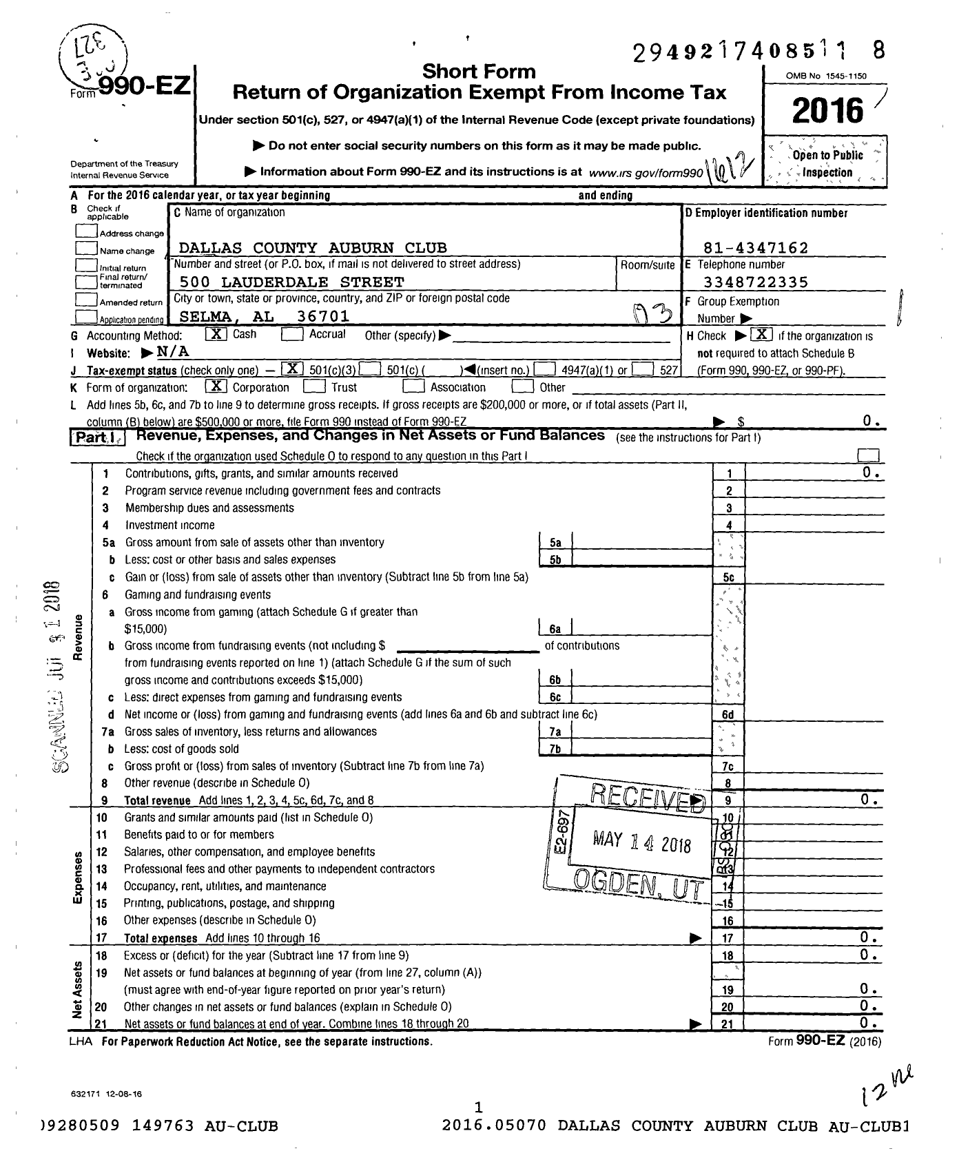 Image of first page of 2016 Form 990EZ for Dallas County Auburn Club