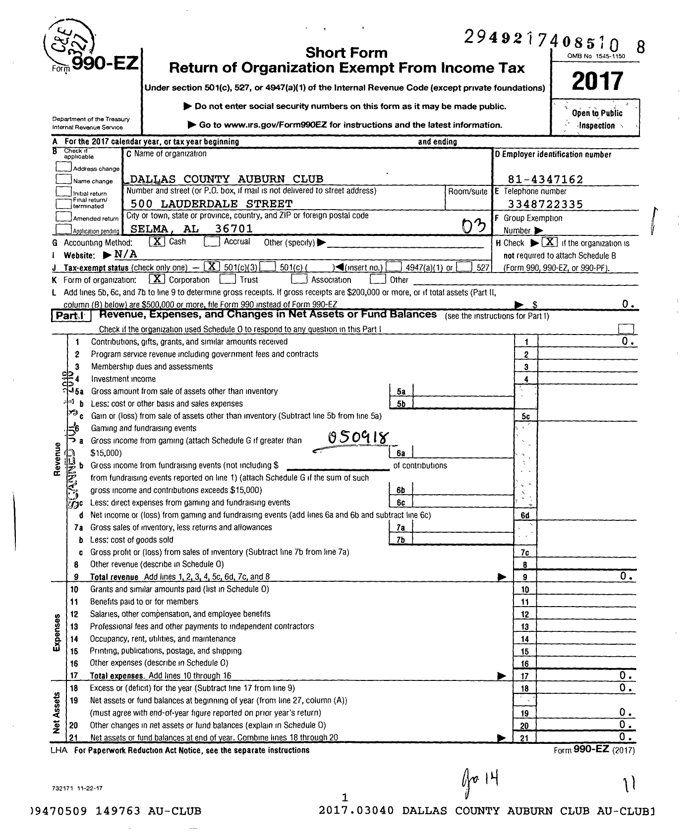 Image of first page of 2017 Form 990EZ for Dallas County Auburn Club