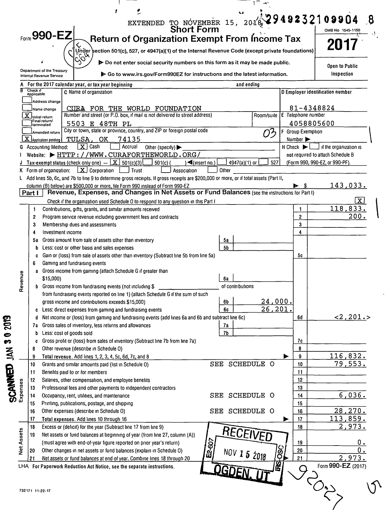 Image of first page of 2017 Form 990EZ for Cura for the World Foundation