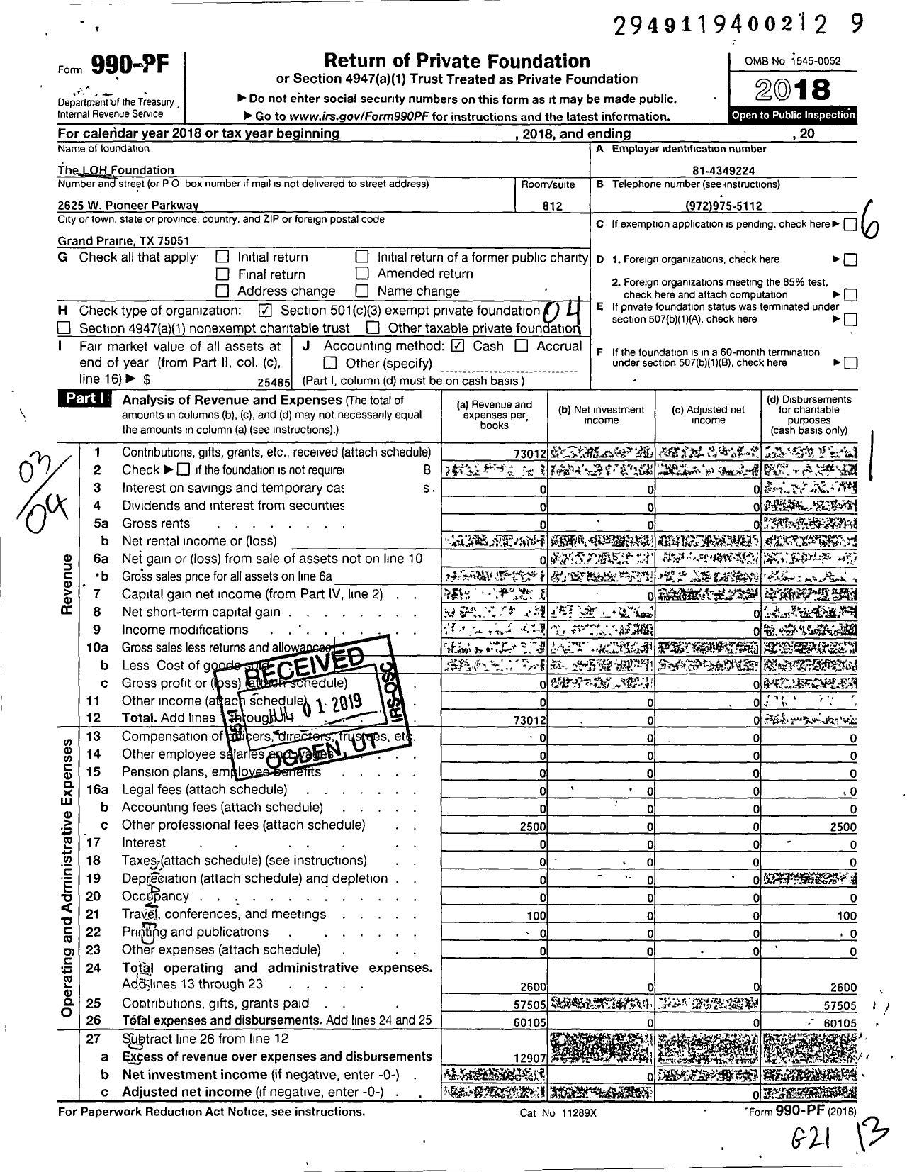 Image of first page of 2018 Form 990PF for Loh Foundation