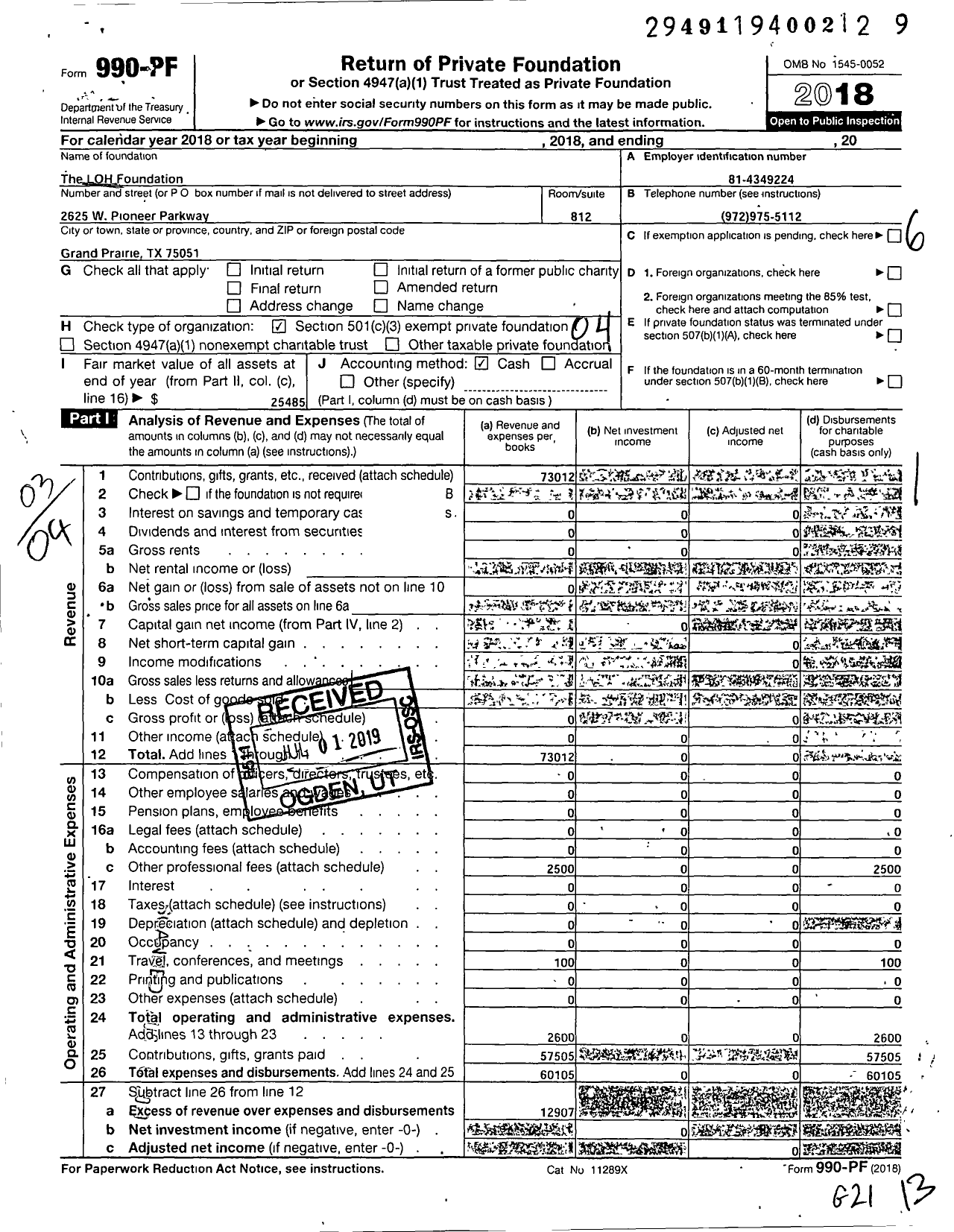 Image of first page of 2018 Form 990PF for The Loh Foundation