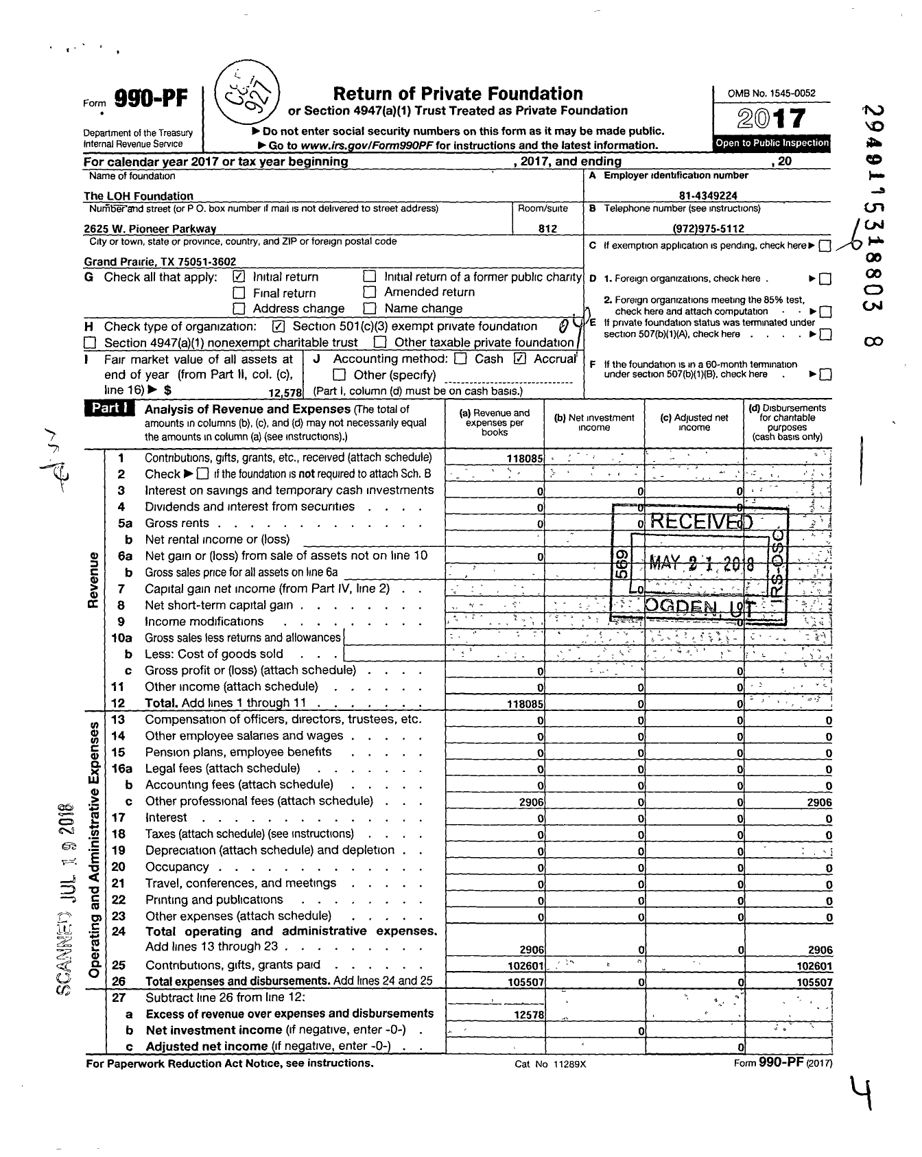 Image of first page of 2017 Form 990PF for The Loh Foundation