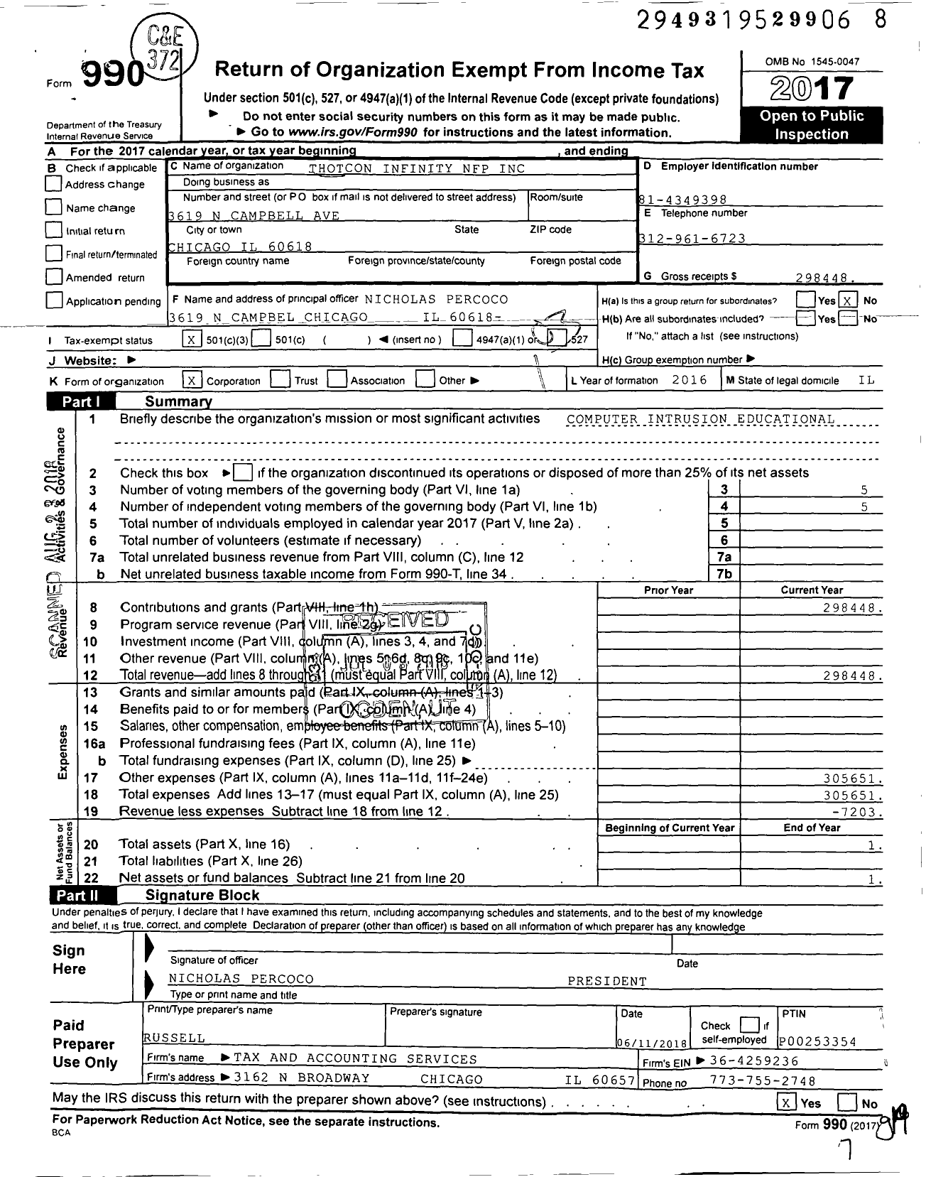 Image of first page of 2017 Form 990 for Thotcon Infinity NFP