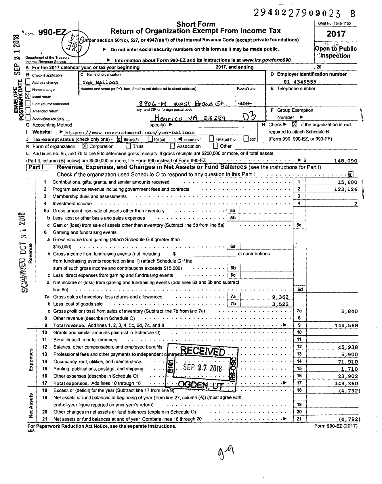 Image of first page of 2017 Form 990EZ for Yes Balloon