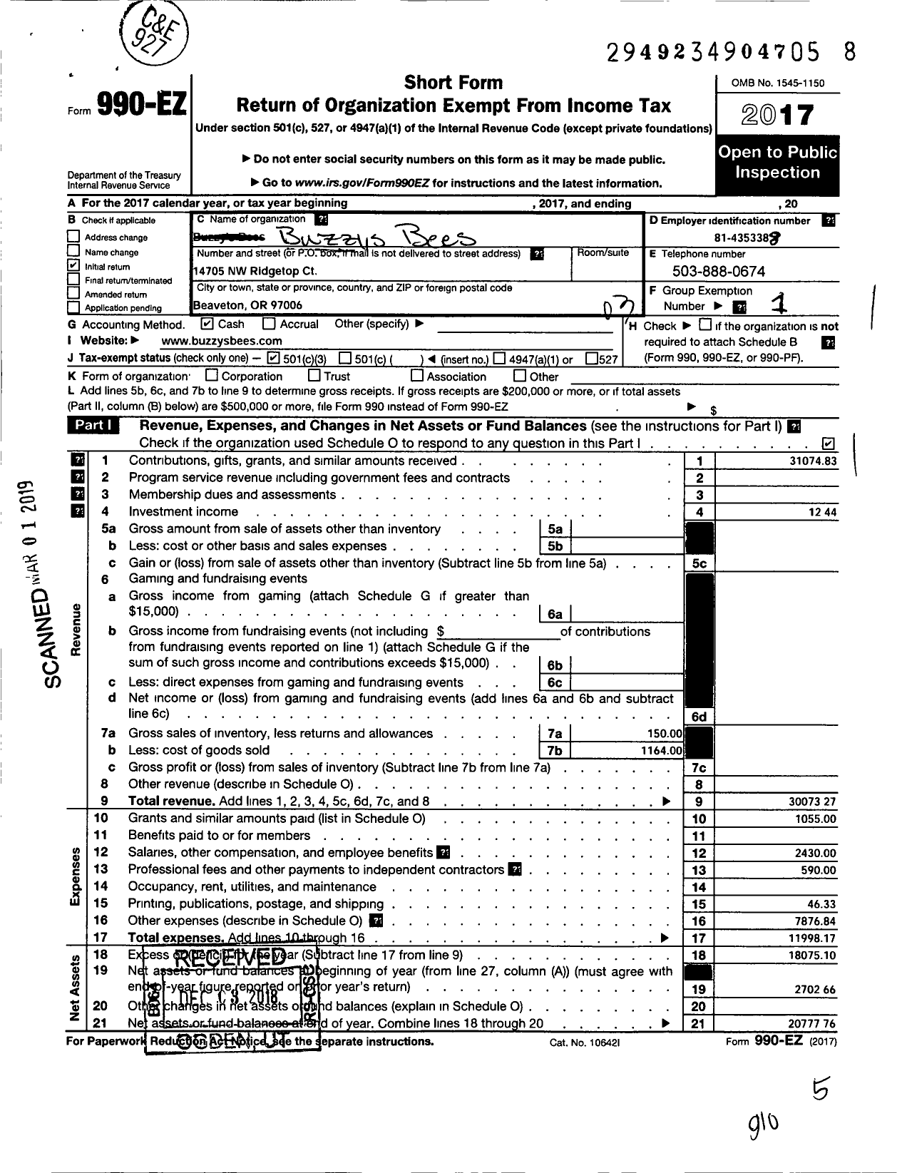 Image of first page of 2017 Form 990EZ for Buzzys Bees