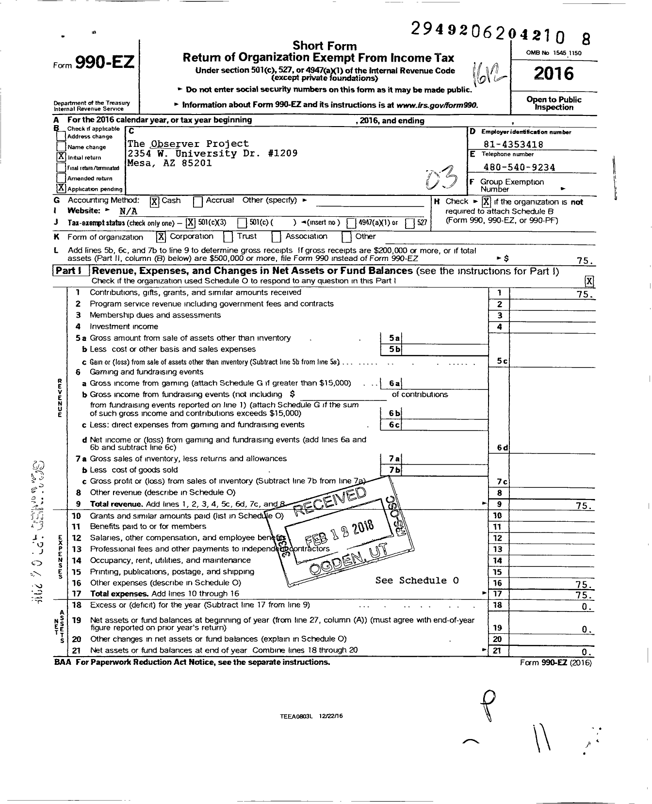 Image of first page of 2016 Form 990EZ for Observer Project