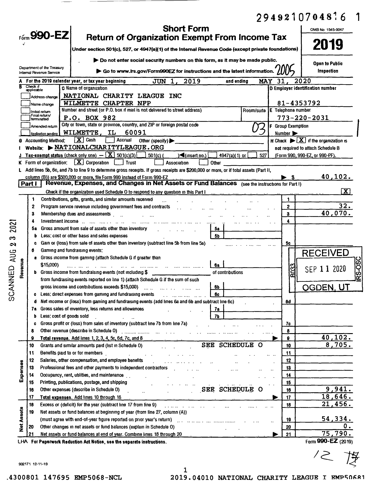 Image of first page of 2019 Form 990EZ for National Charity League Wilmette Chapter NFP