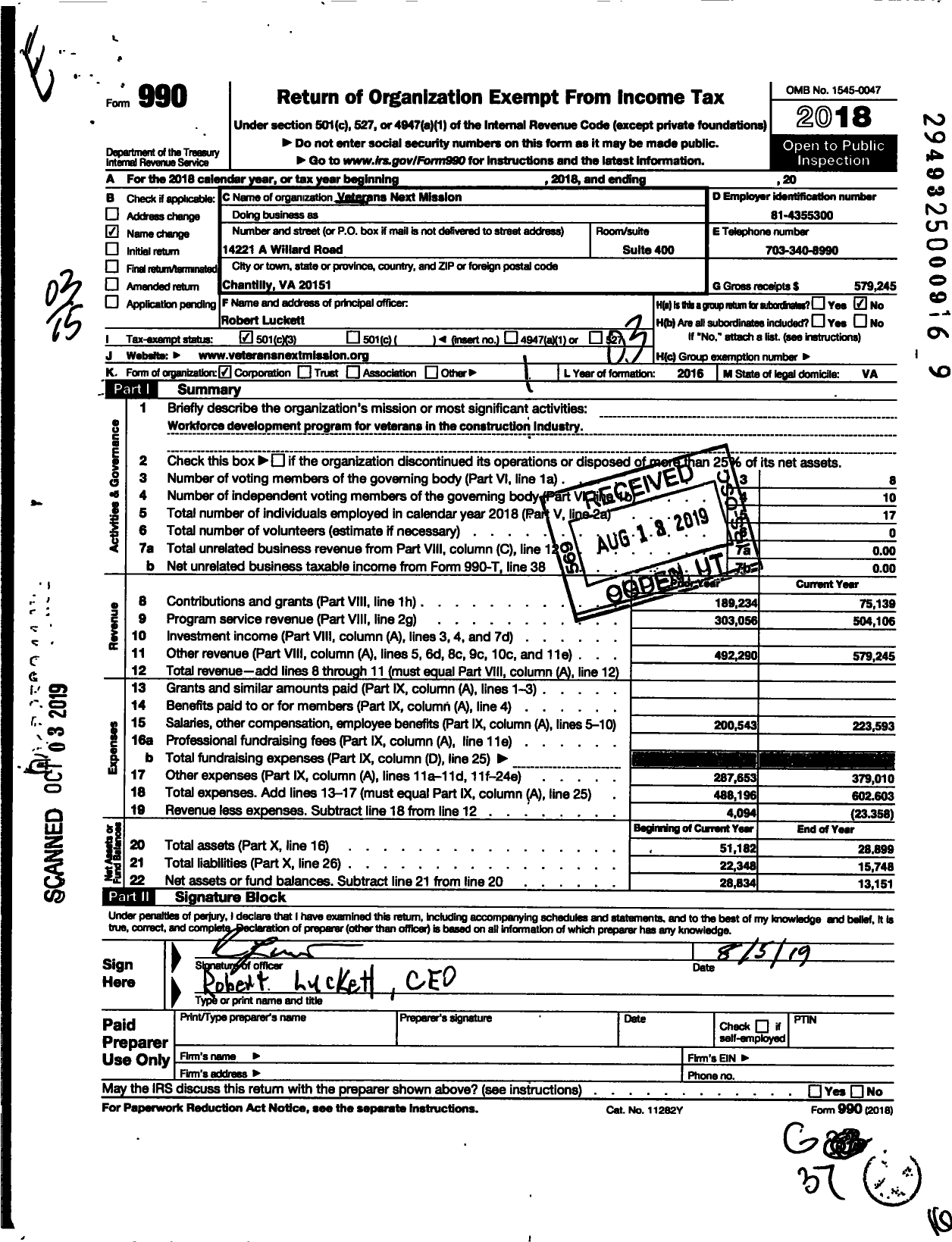 Image of first page of 2018 Form 990 for Veterans Next Mission