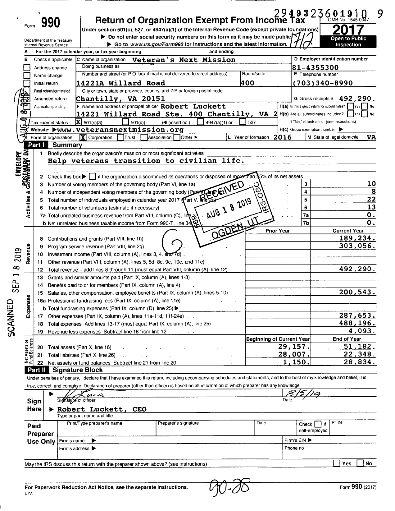 Image of first page of 2017 Form 990 for Veterans Next Mission