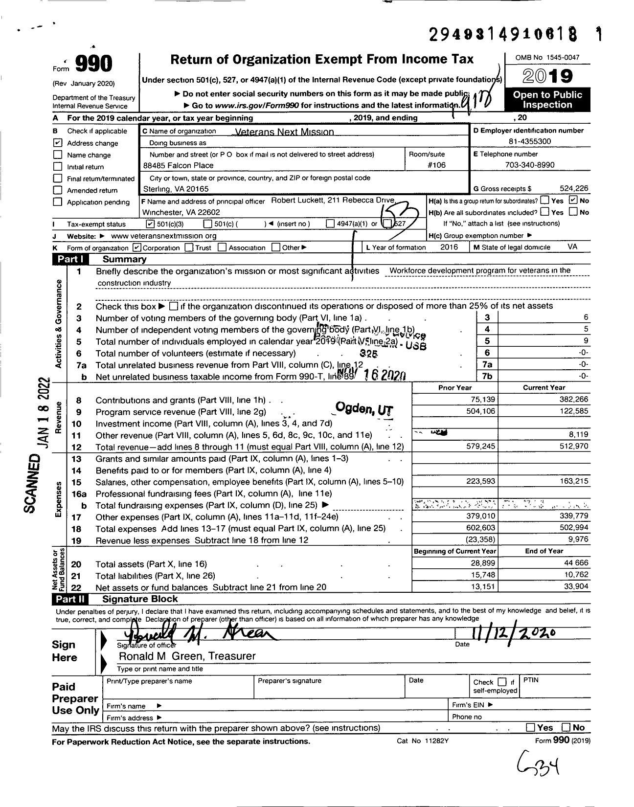 Image of first page of 2019 Form 990 for Veterans Next Mission