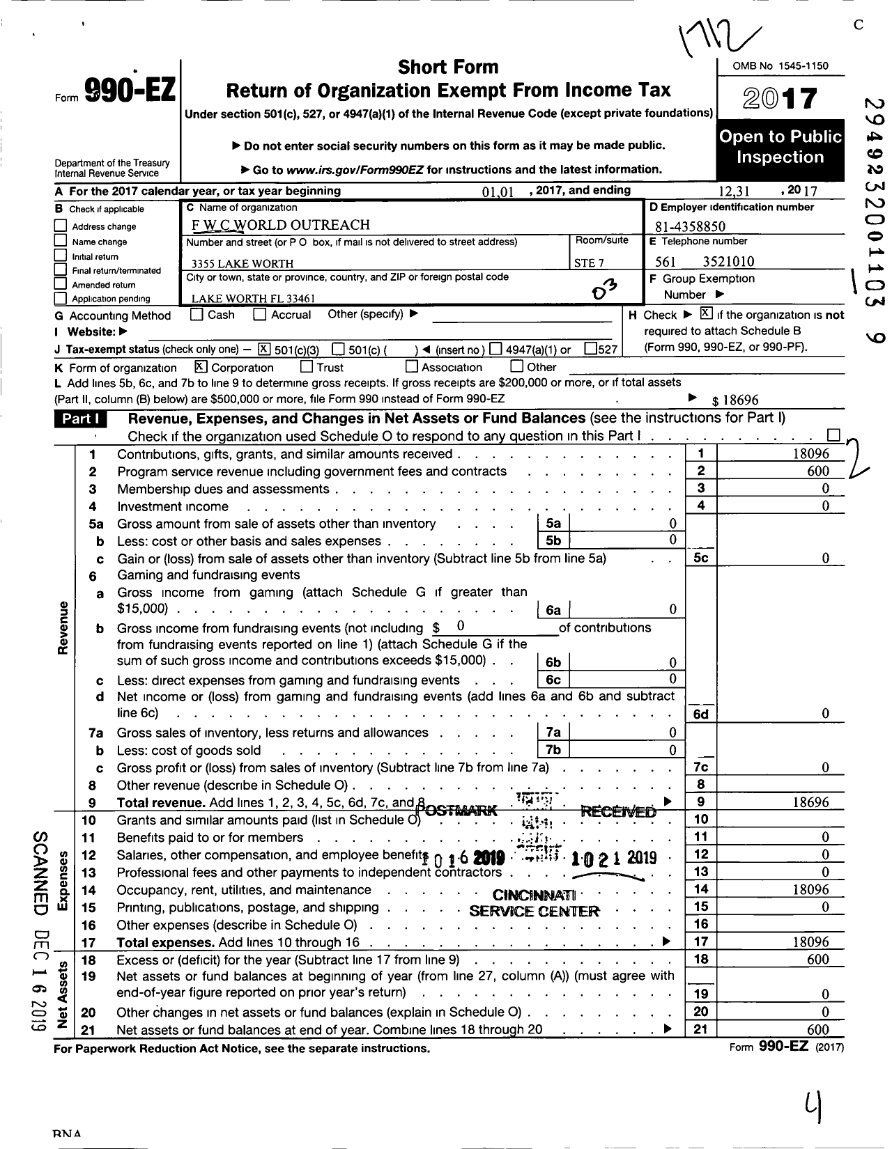 Image of first page of 2017 Form 990EZ for F W C World Outreach