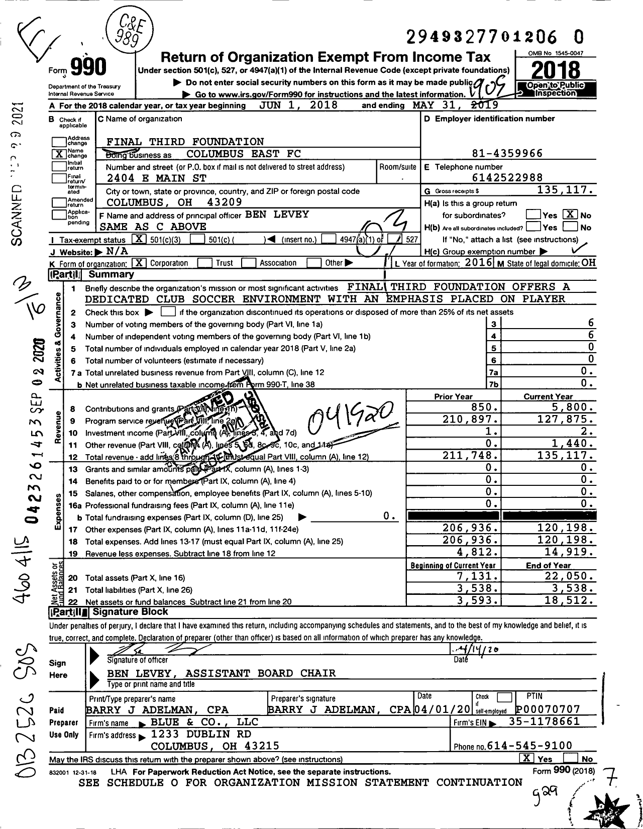Image of first page of 2018 Form 990 for Final Third Foundation