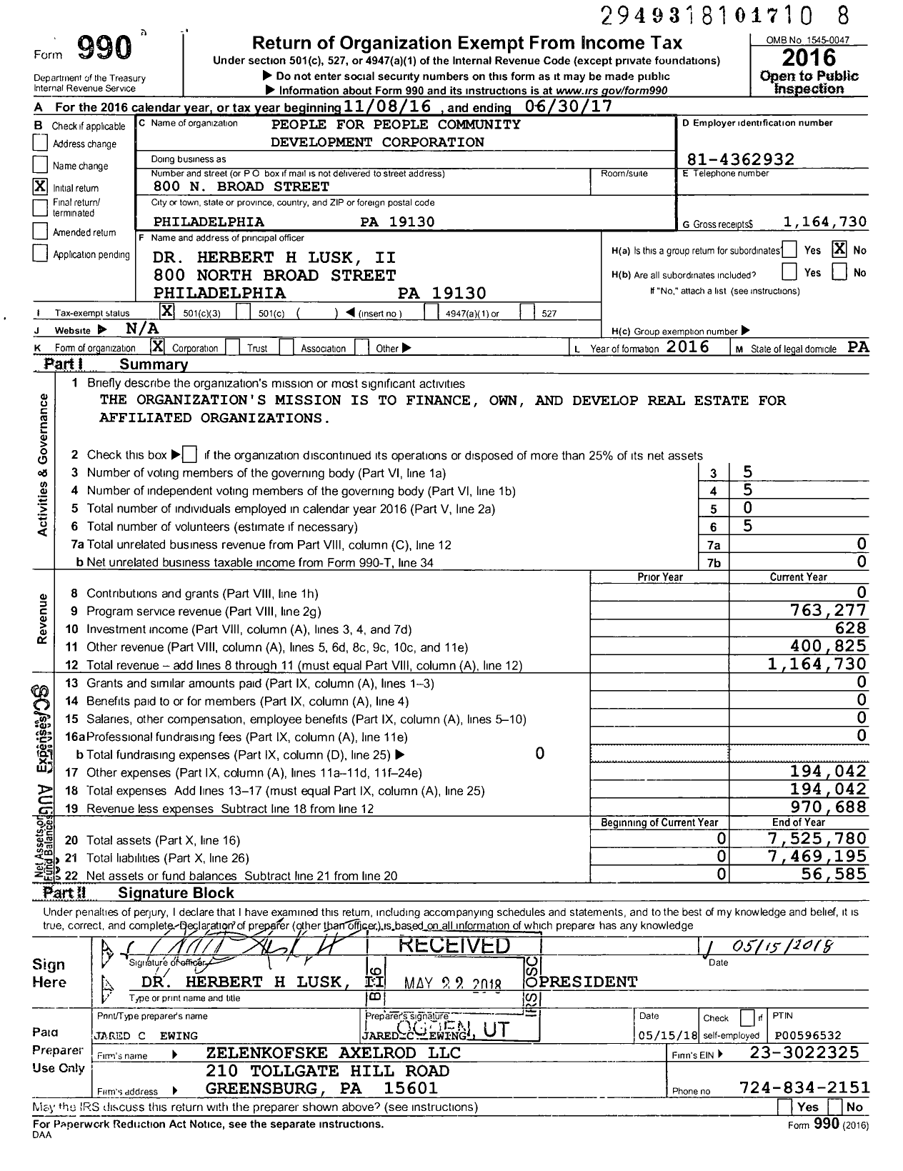 Image of first page of 2016 Form 990 for People for People Community Development Corporation