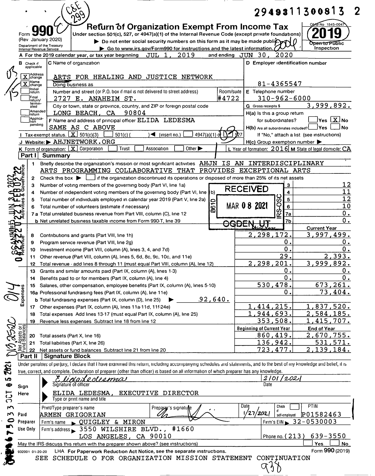 Image of first page of 2019 Form 990 for Arts for Healing and Justice Network