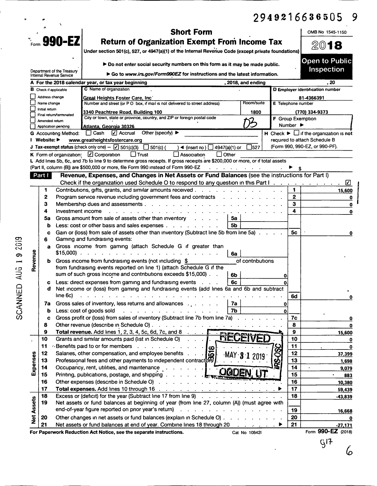 Image of first page of 2018 Form 990EZ for Great Heights Foster Care