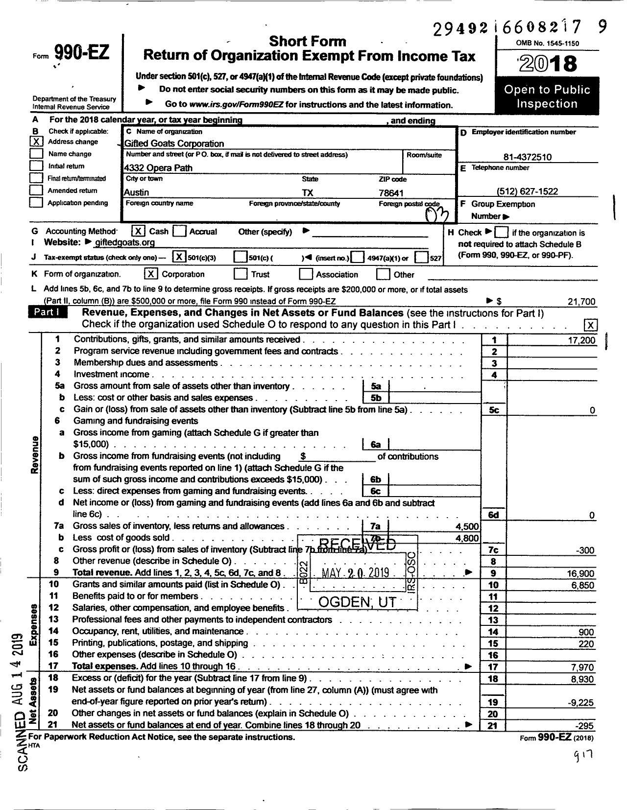 Image of first page of 2018 Form 990EZ for Gifted Goats Corporation