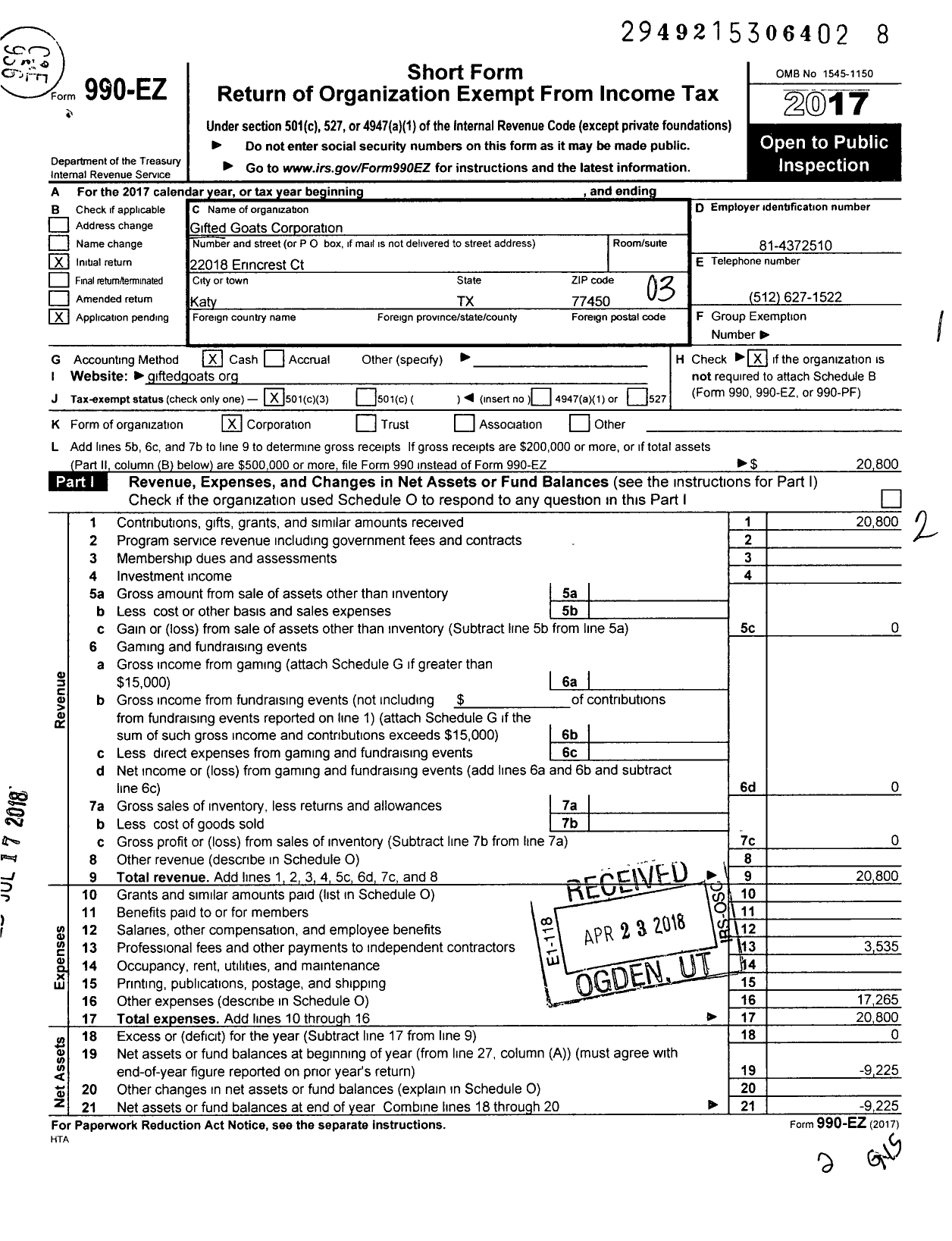 Image of first page of 2017 Form 990EZ for Gifted Goats Corporation