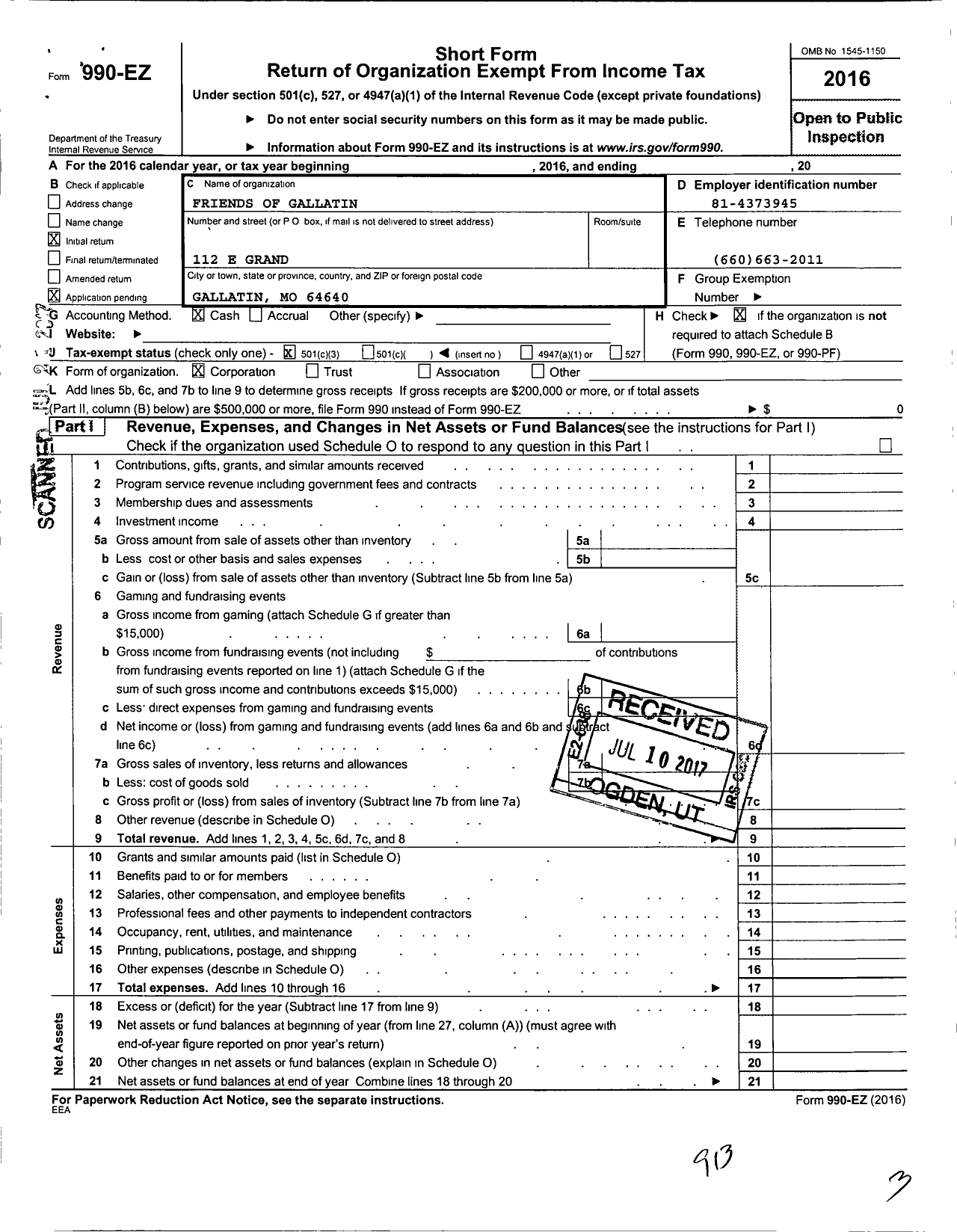 Image of first page of 2016 Form 990EZ for Friends of Gallatin