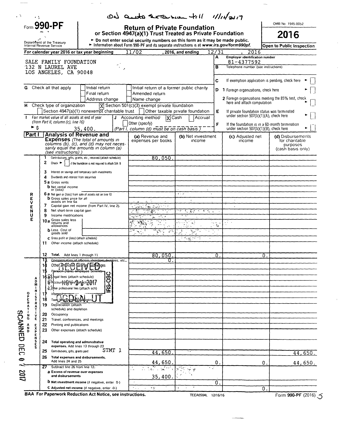 Image of first page of 2016 Form 990PF for Sale Family Foundation