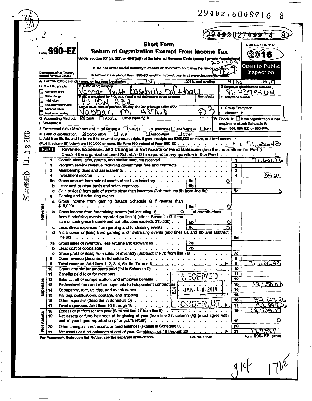 Image of first page of 2016 Form 990EZ for Vassar Youth Baseball and Softball